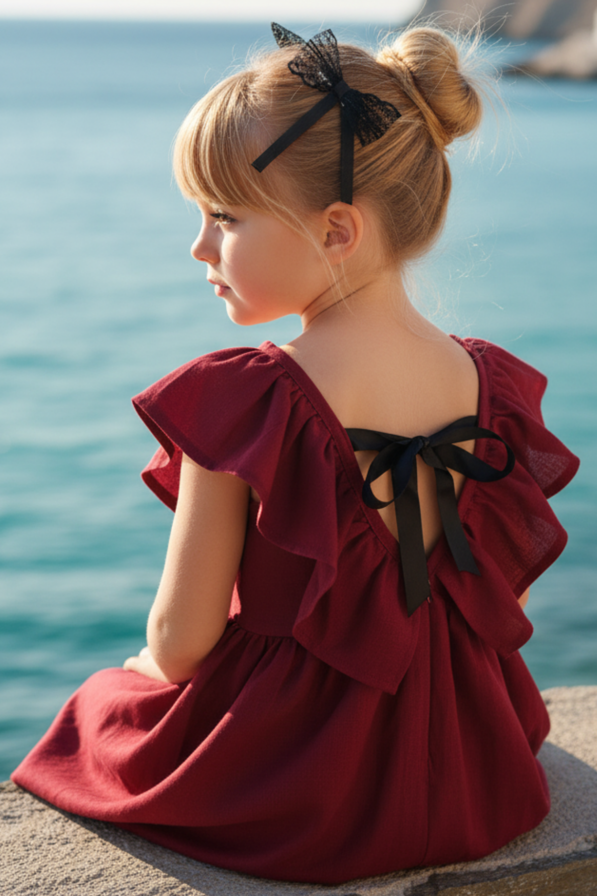 Parla Kids Kız Çocuk Bordo Cherry Fiyonklu Fırfırlı Elbise Toka Takım ELB-0075.6, Elbise – Parla Kids resmi ürün görseli