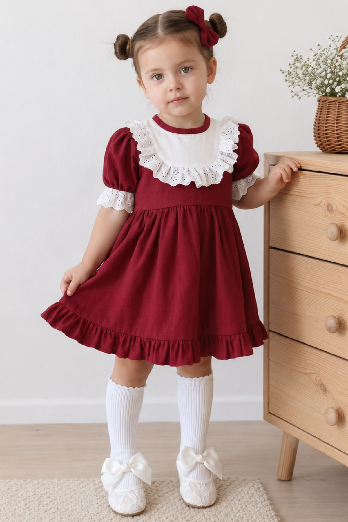Parla Kids Kız Çocuk Bordo Ruby Fırfırlı Dantel Detaylı Kısa Kollu Elbise Bandana Takım ELB-0070.6, Elbise – Parla Kids resmi ürün görseli