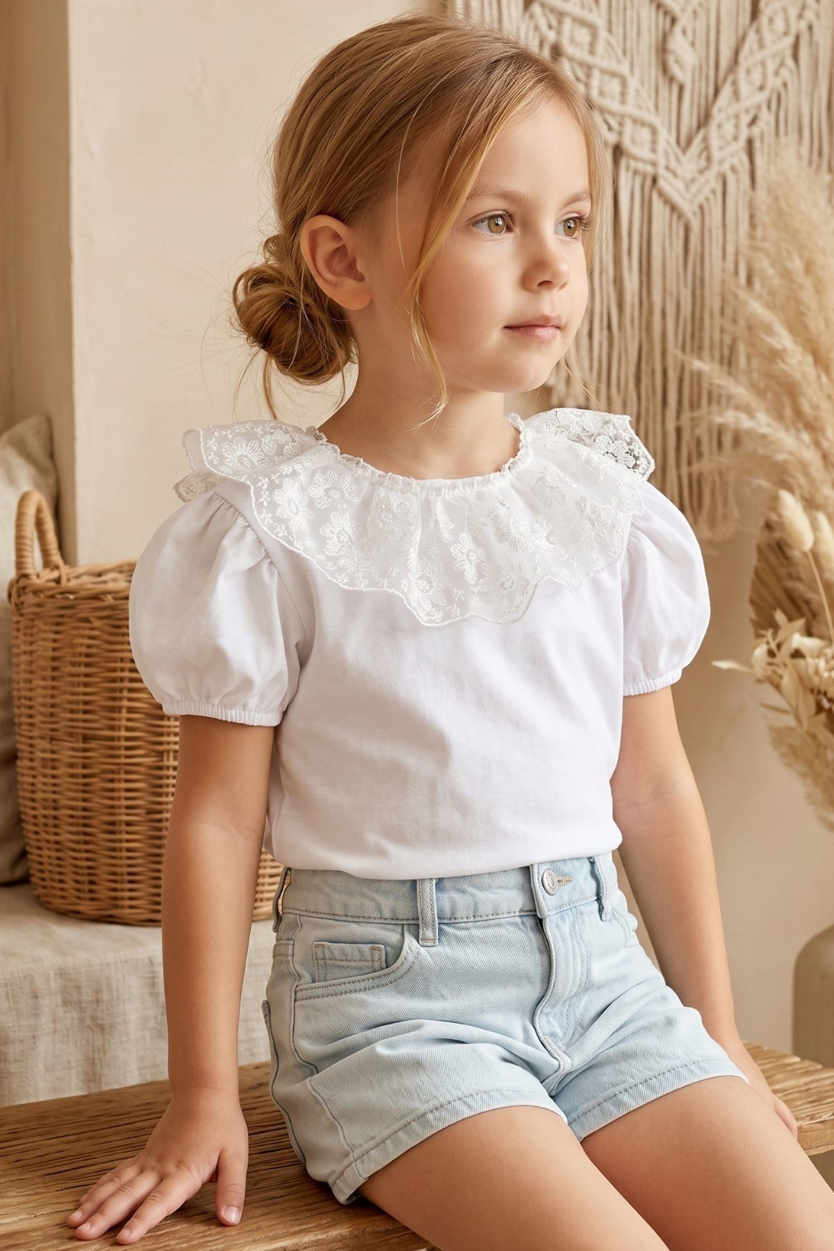 Parla Kids Kız Çocuk Ekru Bisiklet Yaka Dantelli Kısa Kol 23 Nisan Abiye Bluz Gömlek, Body/Bluz – Parla Kids resmi ürün görseli