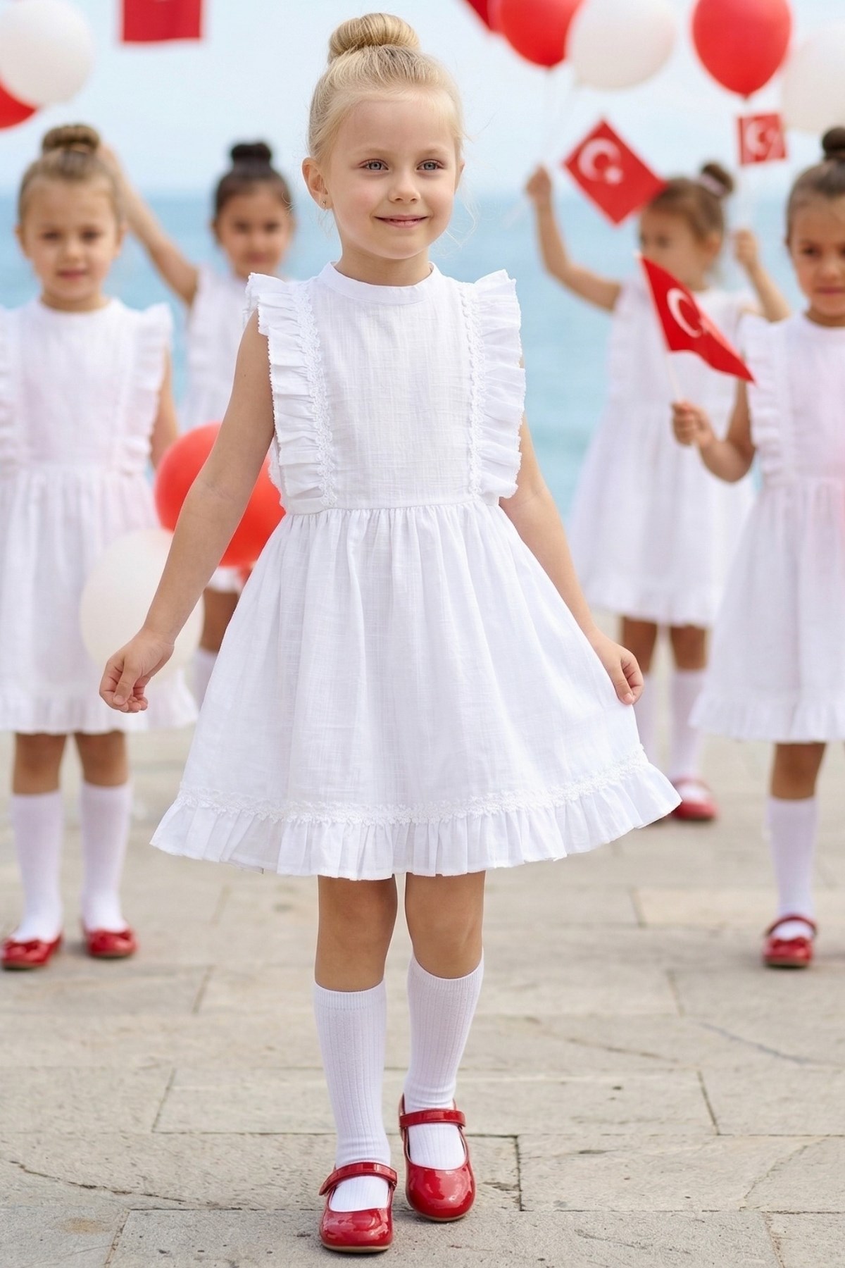 Parla Kids Kız Çocuk Eloise Keten Kolsuz Fırfırlı Dantel Detaylı Elbise Toka Takım 23 Nisan 29 Ekim Gösteri Kıyafeti, Elbise – Parla Kids resmi ürün görseli