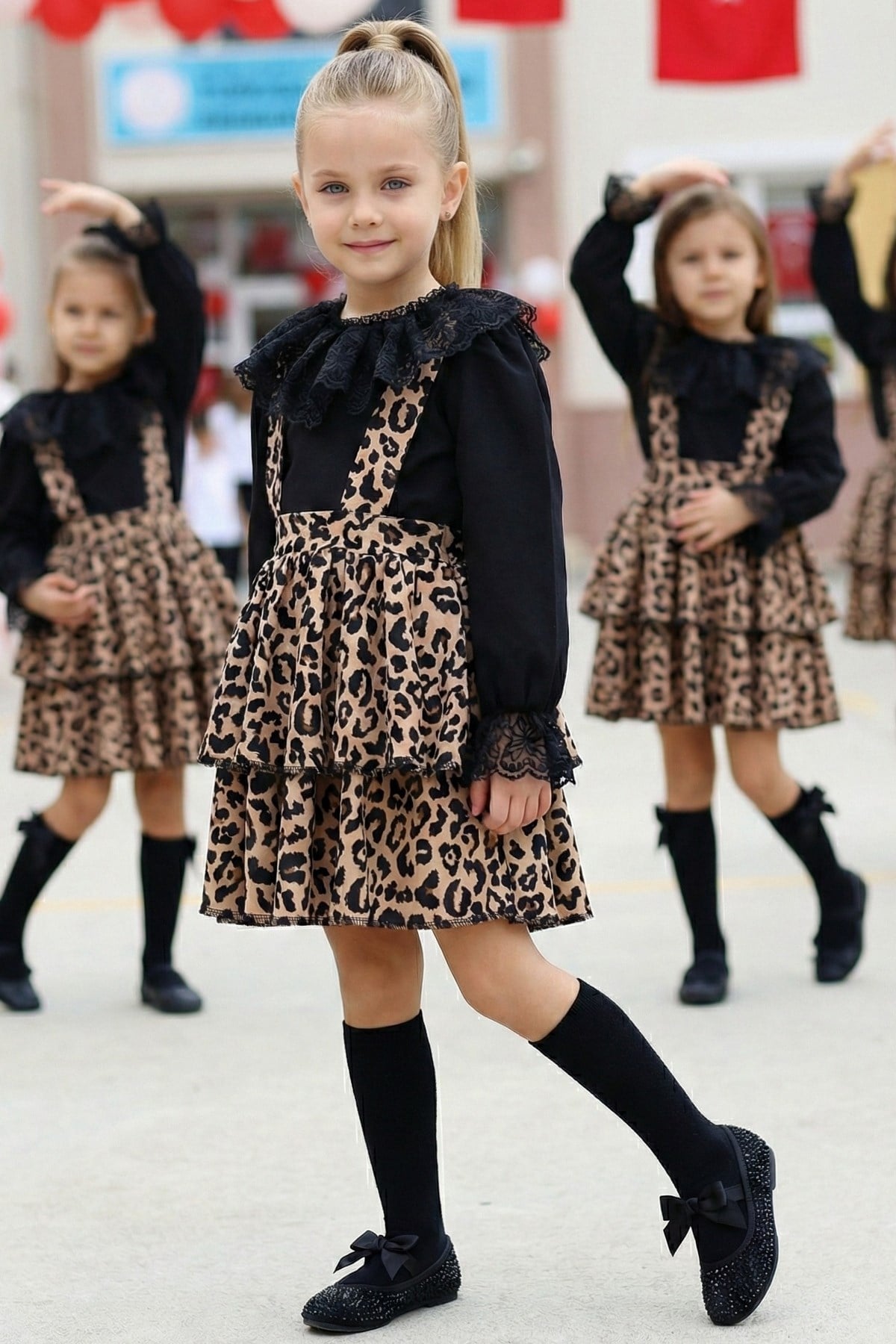 Parla Kids Kız Çocuk Helen Leopar Askılı Kat Kat Bağlama Jile Elbise Dantel Detay Uzun Kollu Bluz Takım TKM-0190.57, Elbise – Parla Kids resmi ürün görseli