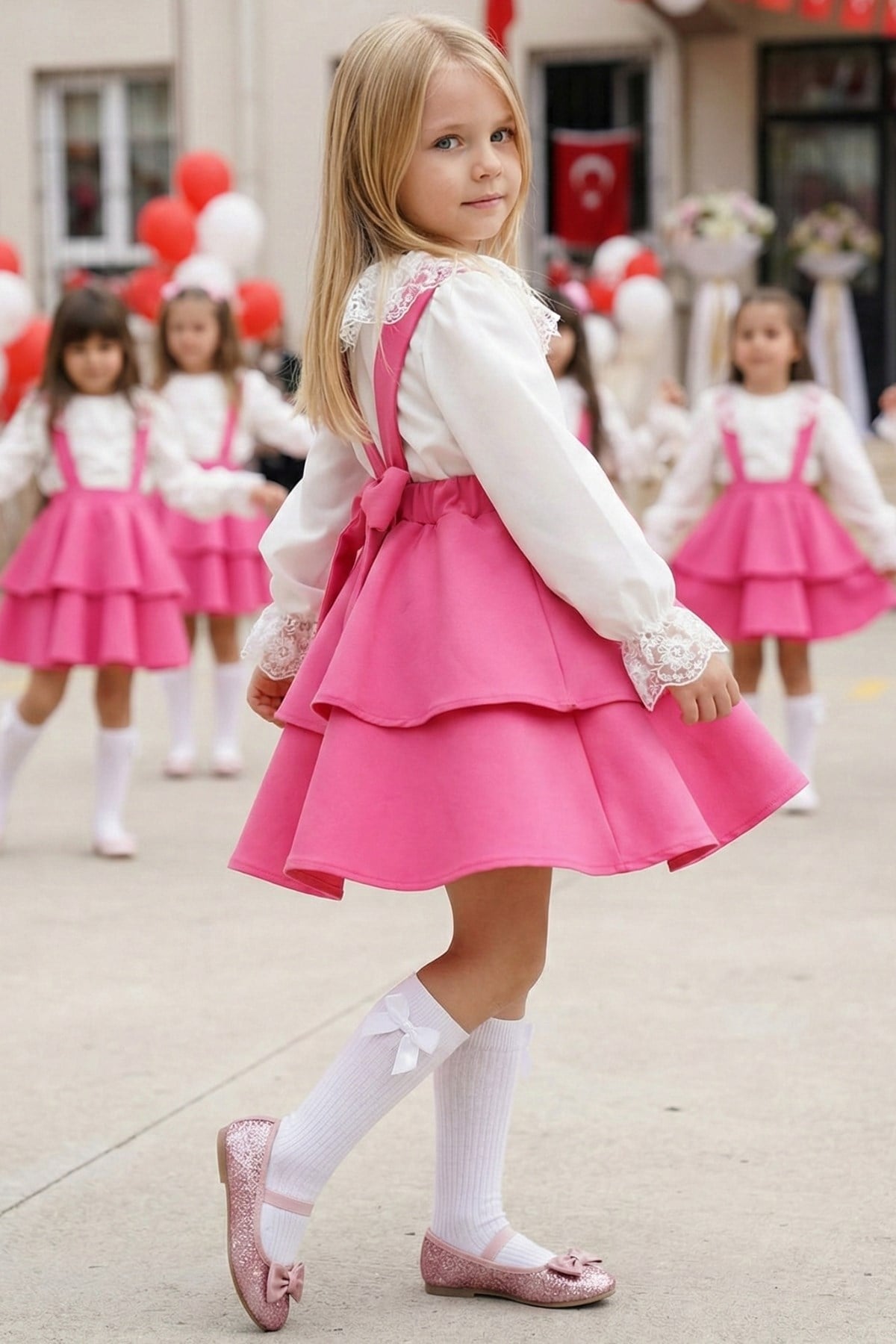 Parla Kids Kız Çocuk Helen Pembe Askılı Kat Kat Bağlama Jile Elbise Dantel Detay Ekru Uzun Kollu Bluz Takım, Elbise – Parla Kids resmi ürün görseli