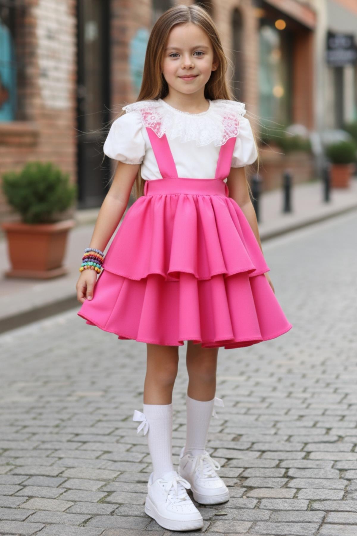 Kız Çocuk Helen Pembe Askılı Kat Kat Bağlama Jile Elbise Dantel Detay Kısa Kollu Bluz Takım TKM-0181.3