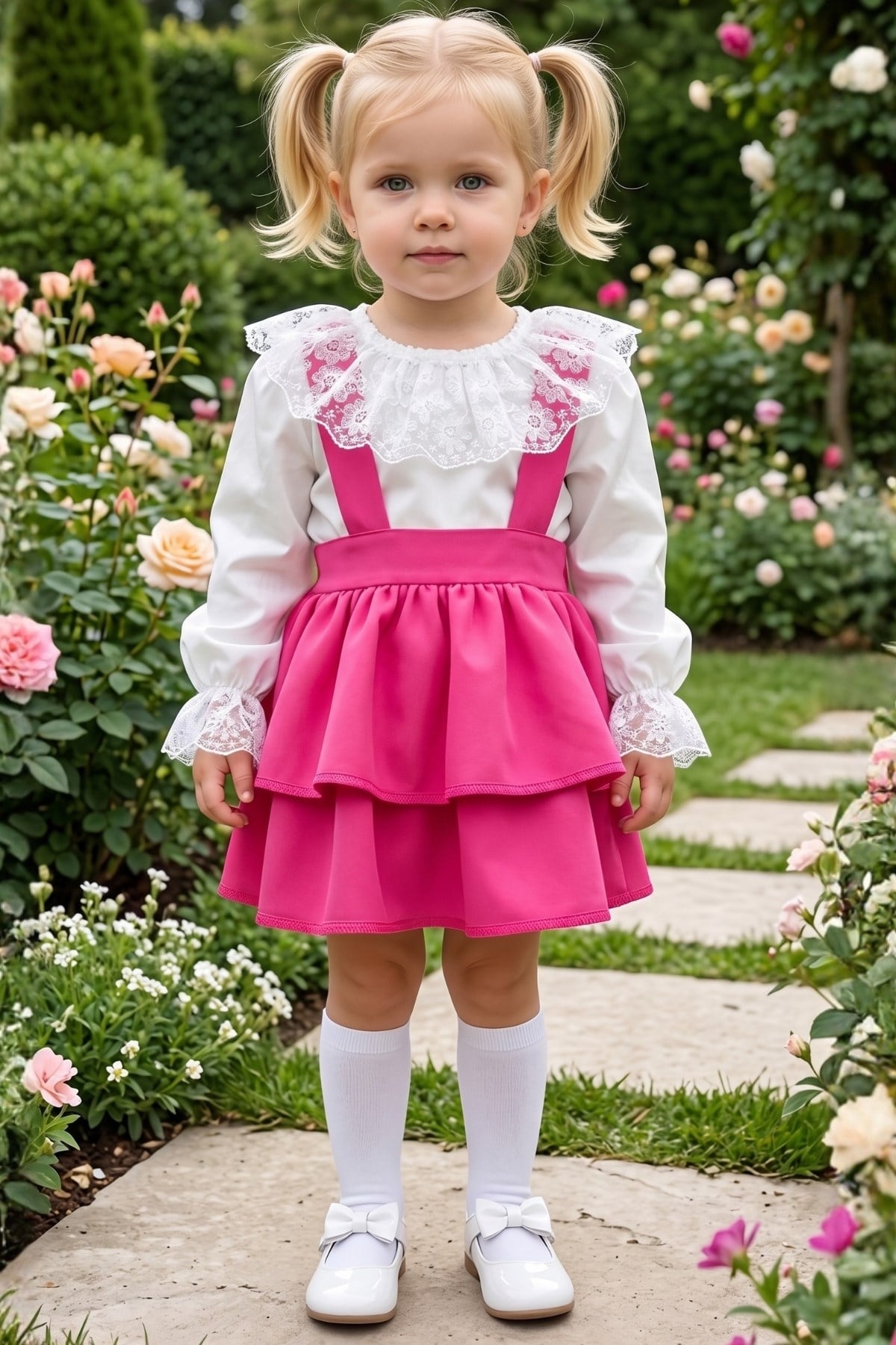Parla Kids Kız Çocuk Helen Pembe Askılı Kat Kat Bağlama Jile Elbise Dantel Detay Ekru Uzun Kollu Bluz Takım, Elbise – Parla Kids resmi ürün görseli