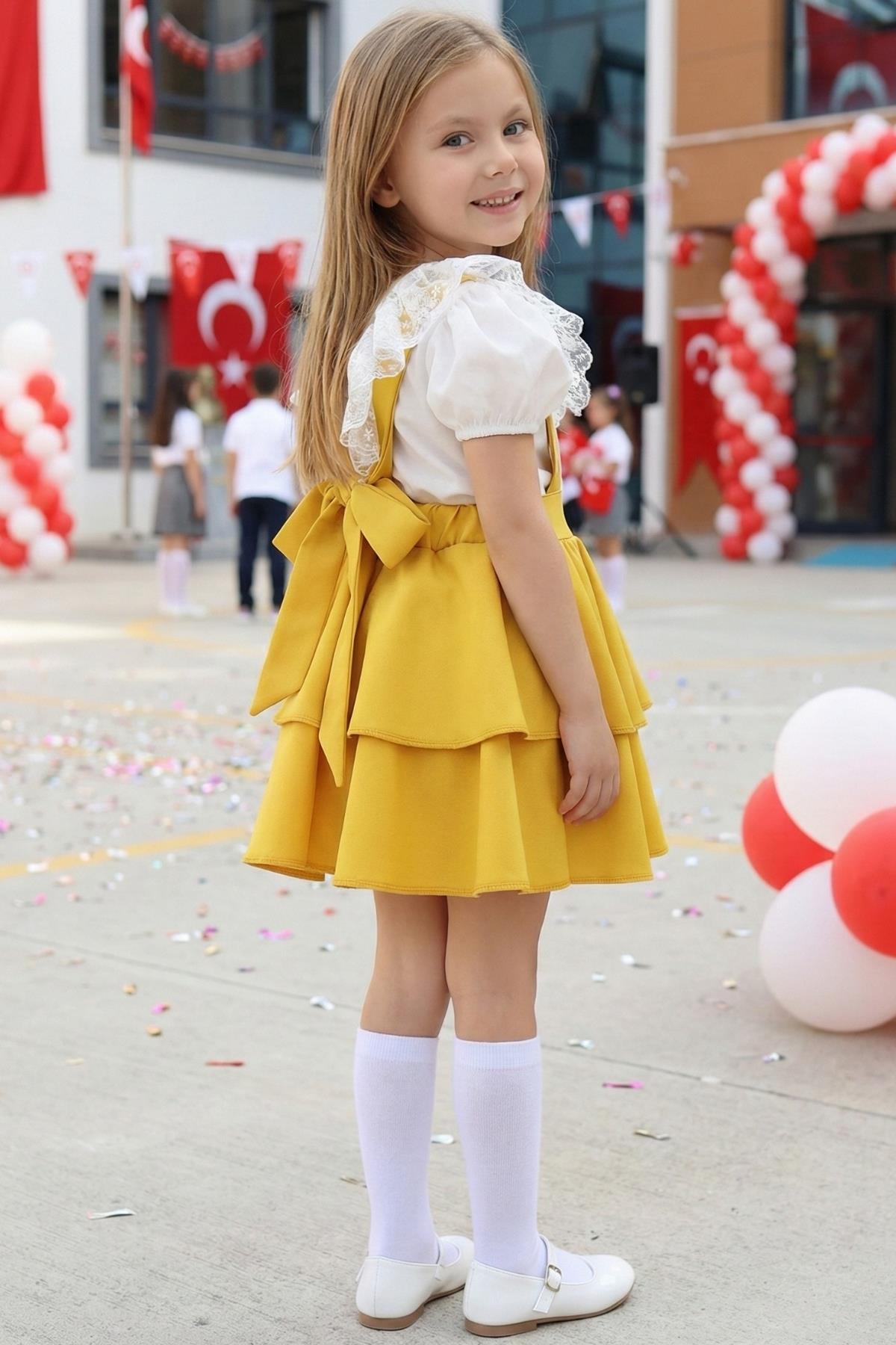 Parla Kids Kız Çocuk Helen Sarı Askılı Kat Kat Bağlama Jile Elbise Dantel Detay Ekru Kısa Kollu Bluz Takım TKM-0181.4, Elbise – Parla Kids resmi ürün görseli