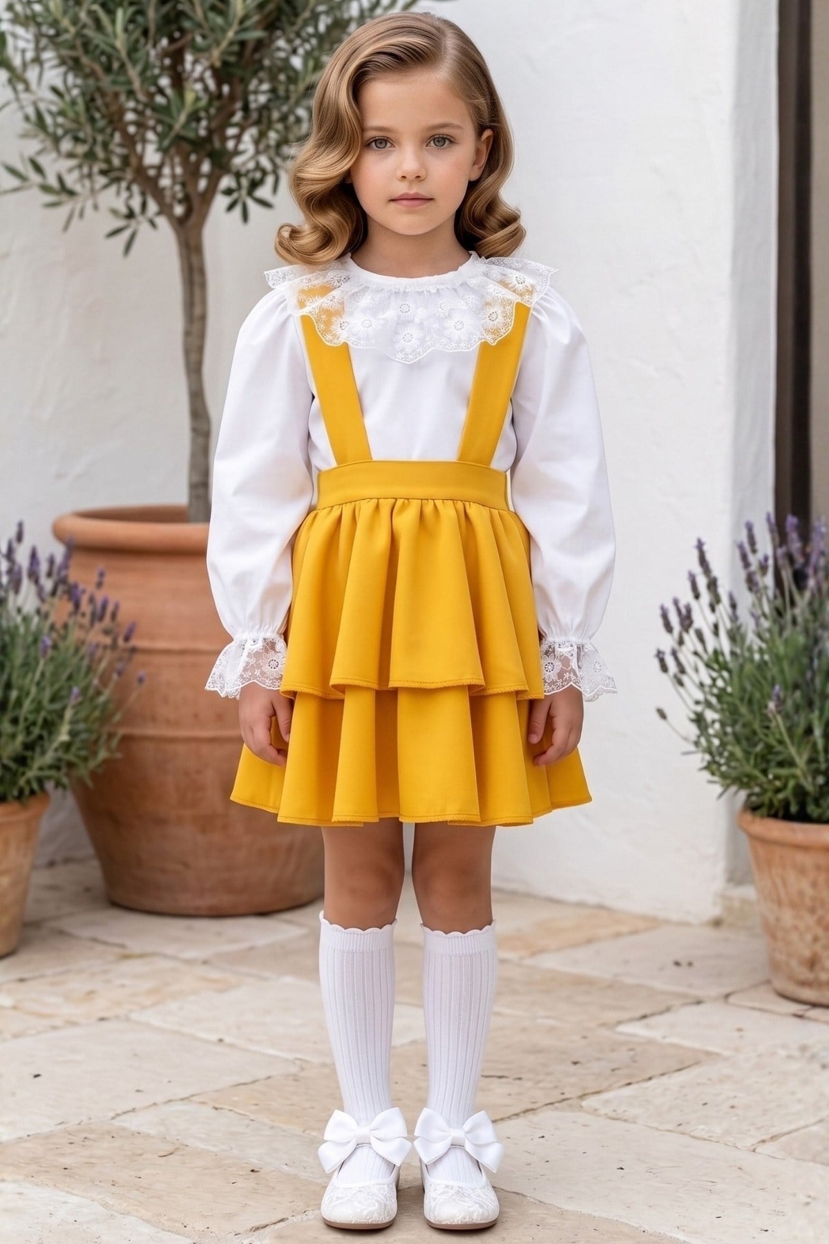 Parla Kids Kız Çocuk Helen Sarı Askılı Kat Kat Bağlama Jile Elbise Dantel Detay Ekru Uzun Kollu Bluz Takım TKM-0190.4, Elbise – Parla Kids resmi ürün görseli