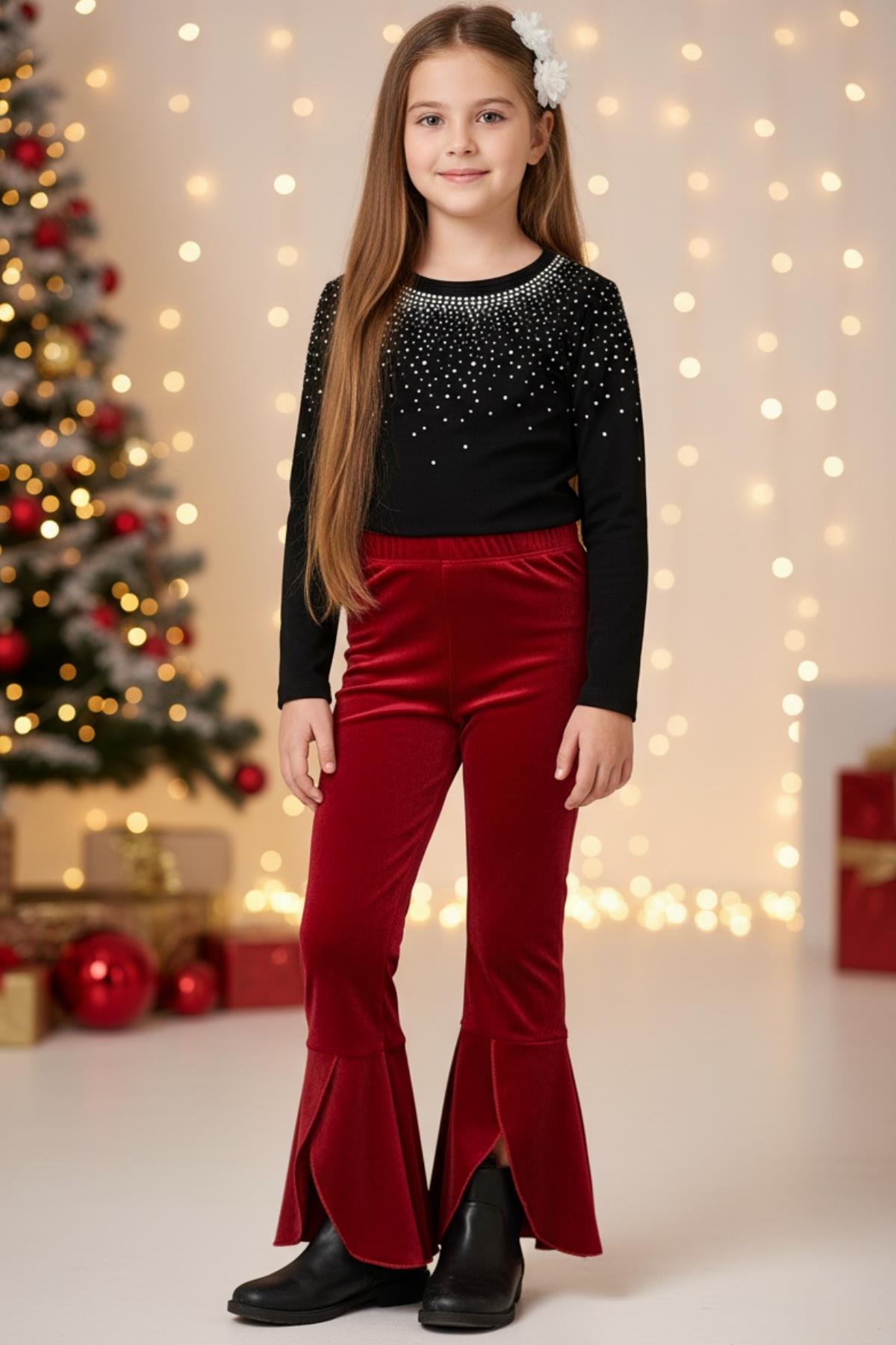 Parla Kids Kız Çocuk Kırmızı Kadife Tayt ve Toka Takım 5-6 Yaş, 5-6 Yaş – Parla Kids resmi ürün görseli