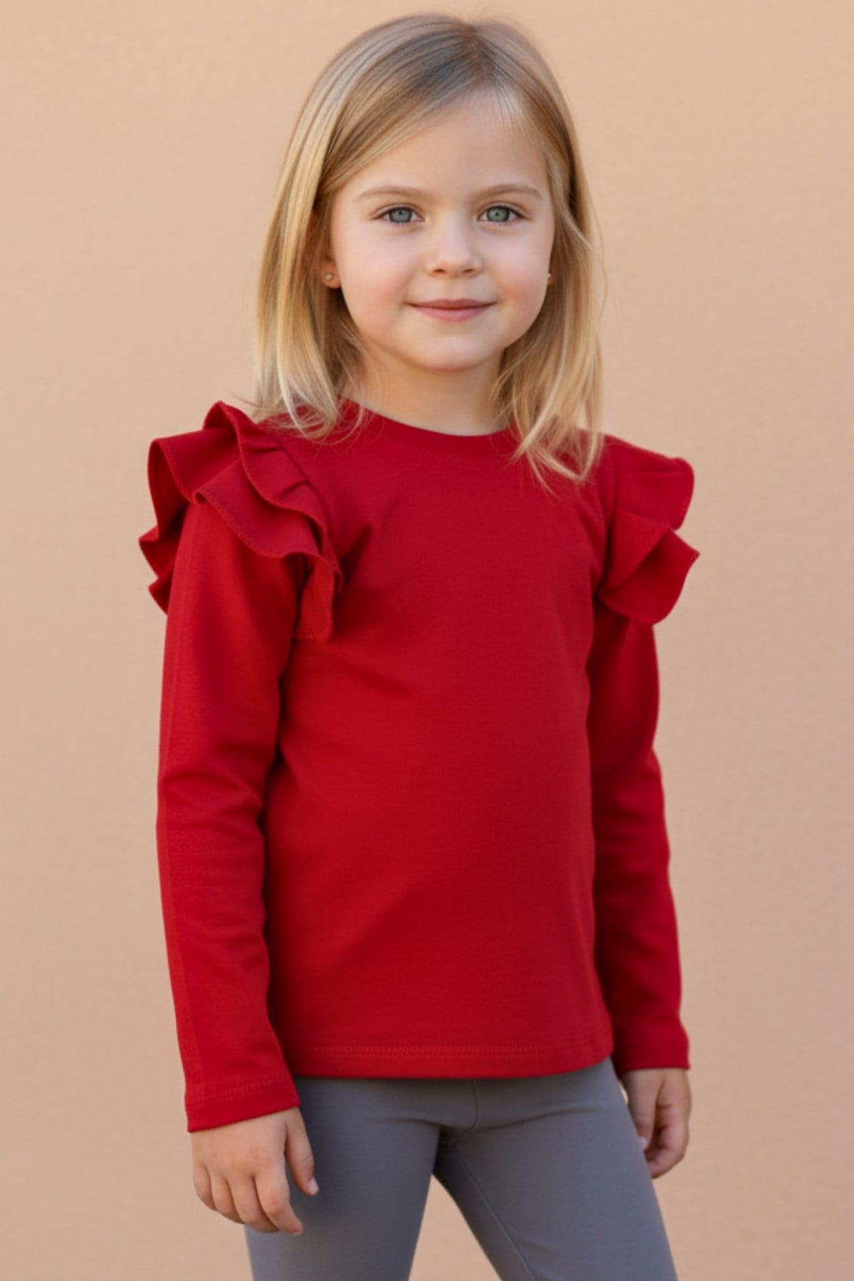 Parla Kids Kız Çocuk Kırmızı Omuz Fırfırlı Bisiklet Yaka Body Sweatshirt, Üst Giyim – Parla Kids resmi ürün görseli