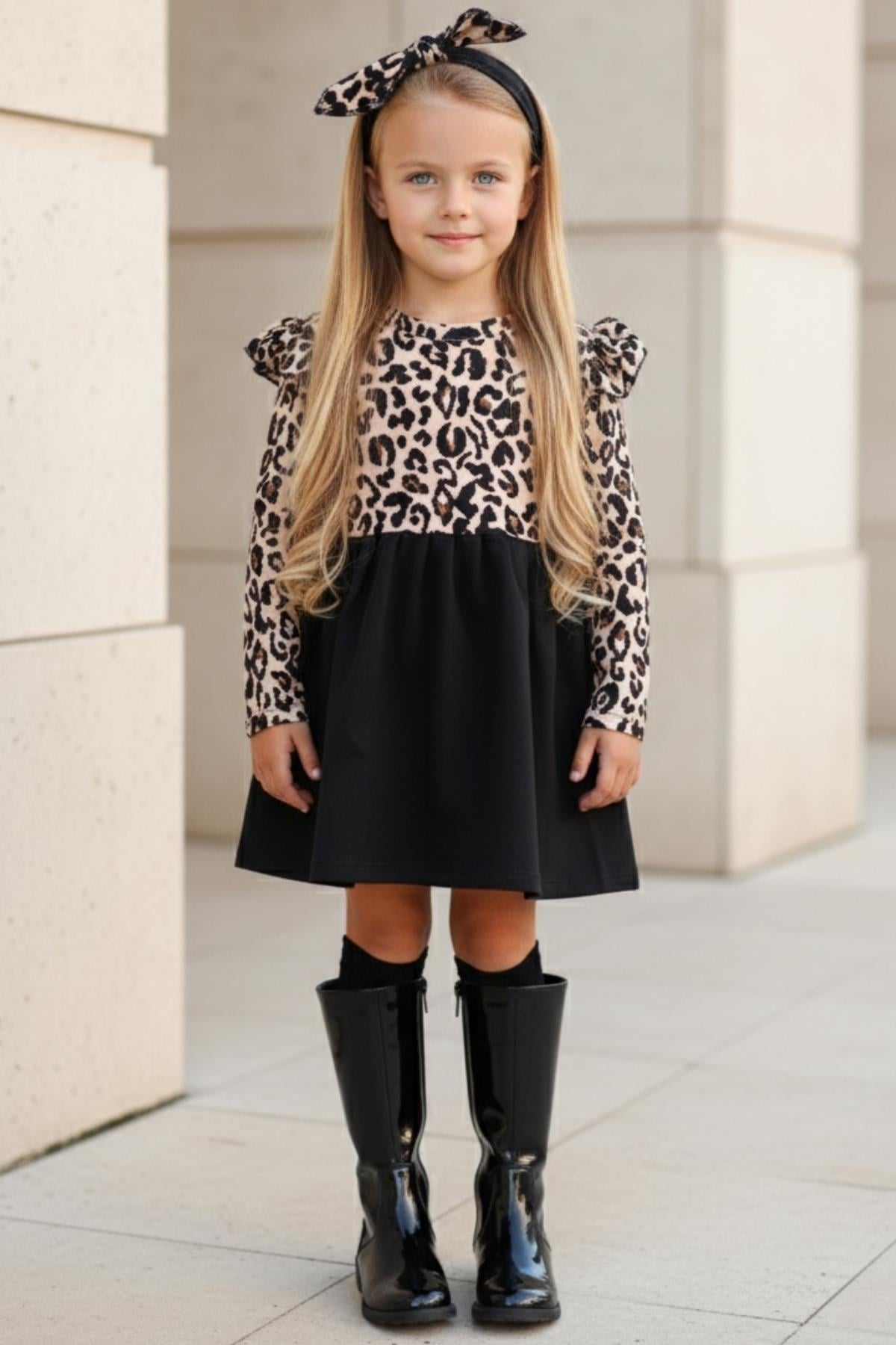 Parla Kids Kız Çocuk  Leopar Desenli Uzun Kollu Fırfırlı Elbise Bandana Takım ELB-0059, Elbise – Parla Kids resmi ürün görseli