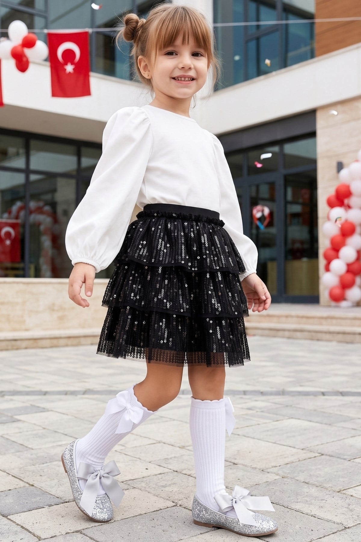 Parla Kids Kız Çocuk Payet Detaylı 3 Katlı Party Etek, Tayt/Pantolon – Parla Kids resmi ürün görseli