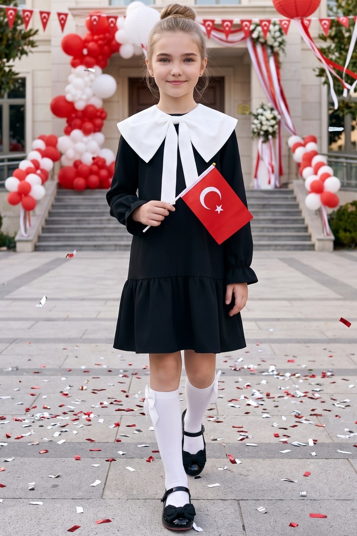 Parla Kids Kız Çocuk Rashel Siyah Elbise Beyaz Yakalı Fırfırlı Uzun Kol Keten 23 Nisan 29 Ekim Gösteri Elbisesi, Elbise – Parla Kids resmi ürün görseli