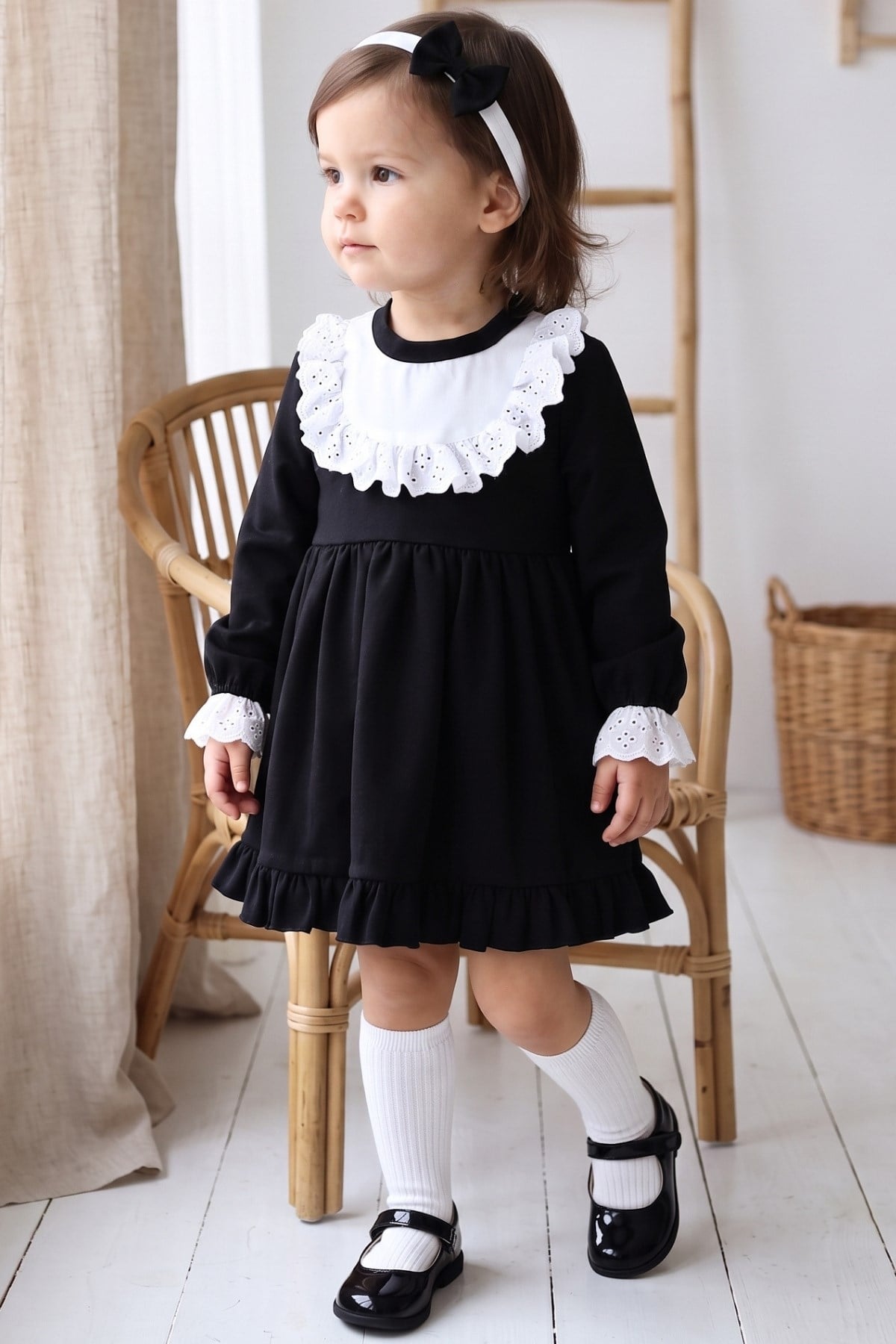 Parla Kids Kız Çocuk Ruby Siyah Uzun Kollu Dantel Detaylı Fırfırlı Elbise Bandana Takım, Elbise – Parla Kids resmi ürün görseli