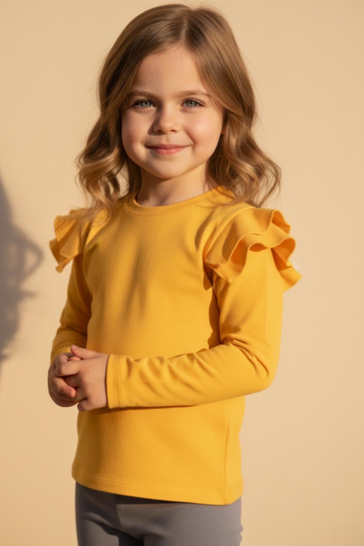 Parla Kids Kız Çocuk Sarı Omuz Fırfırlı Bisiklet Yaka Body Sweatshirt, Üst Giyim – Parla Kids resmi ürün görseli