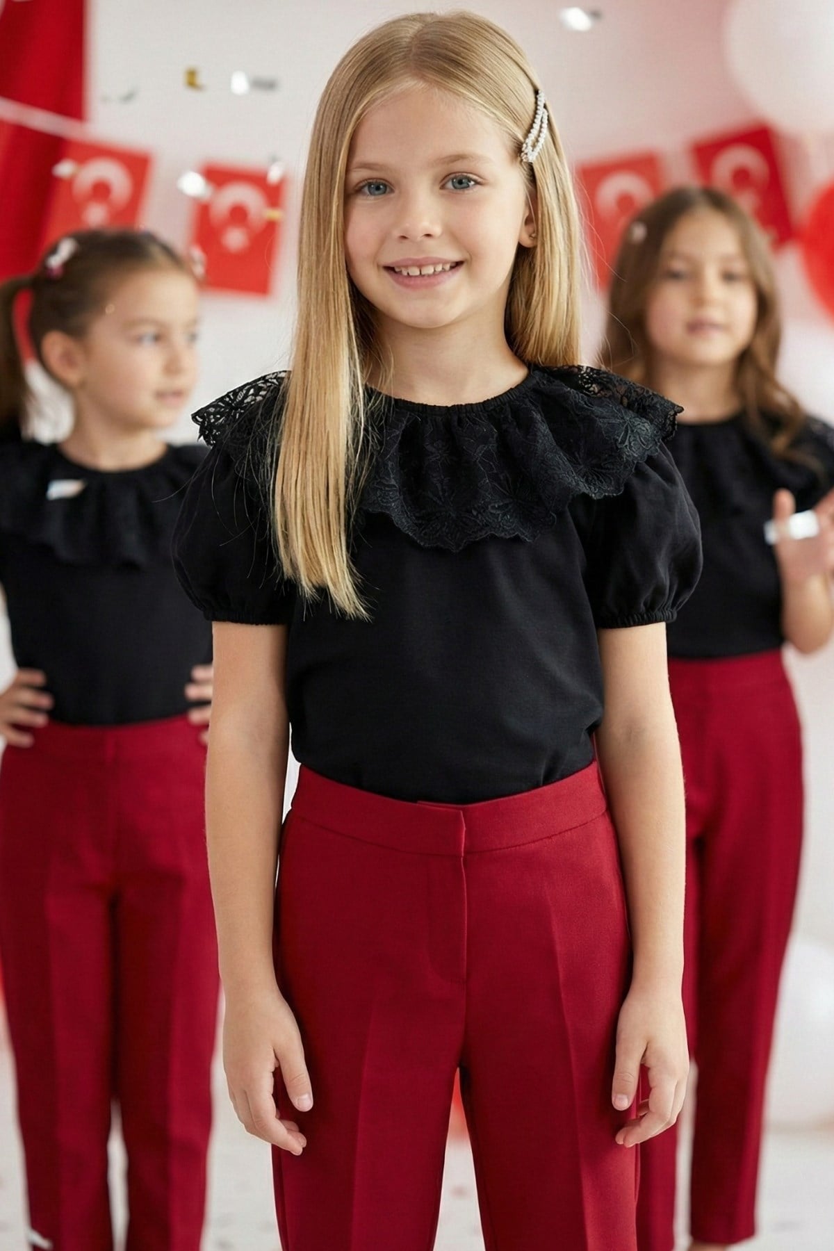 Parla Kids Kız Çocuk Siyah Bisiklet Yaka Dantelli Kısa Kol Abiye Bluz Gömlek BDY-0039.2, Üst Giyim – Parla Kids resmi ürün görseli