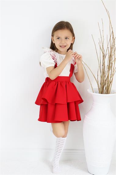  Kız Çocuk Helen Kırmızı Askılı Kat Kat Bağlama Detaylı Jile Elbise Dantel Detay Kısa Kollu  Bluz Takım