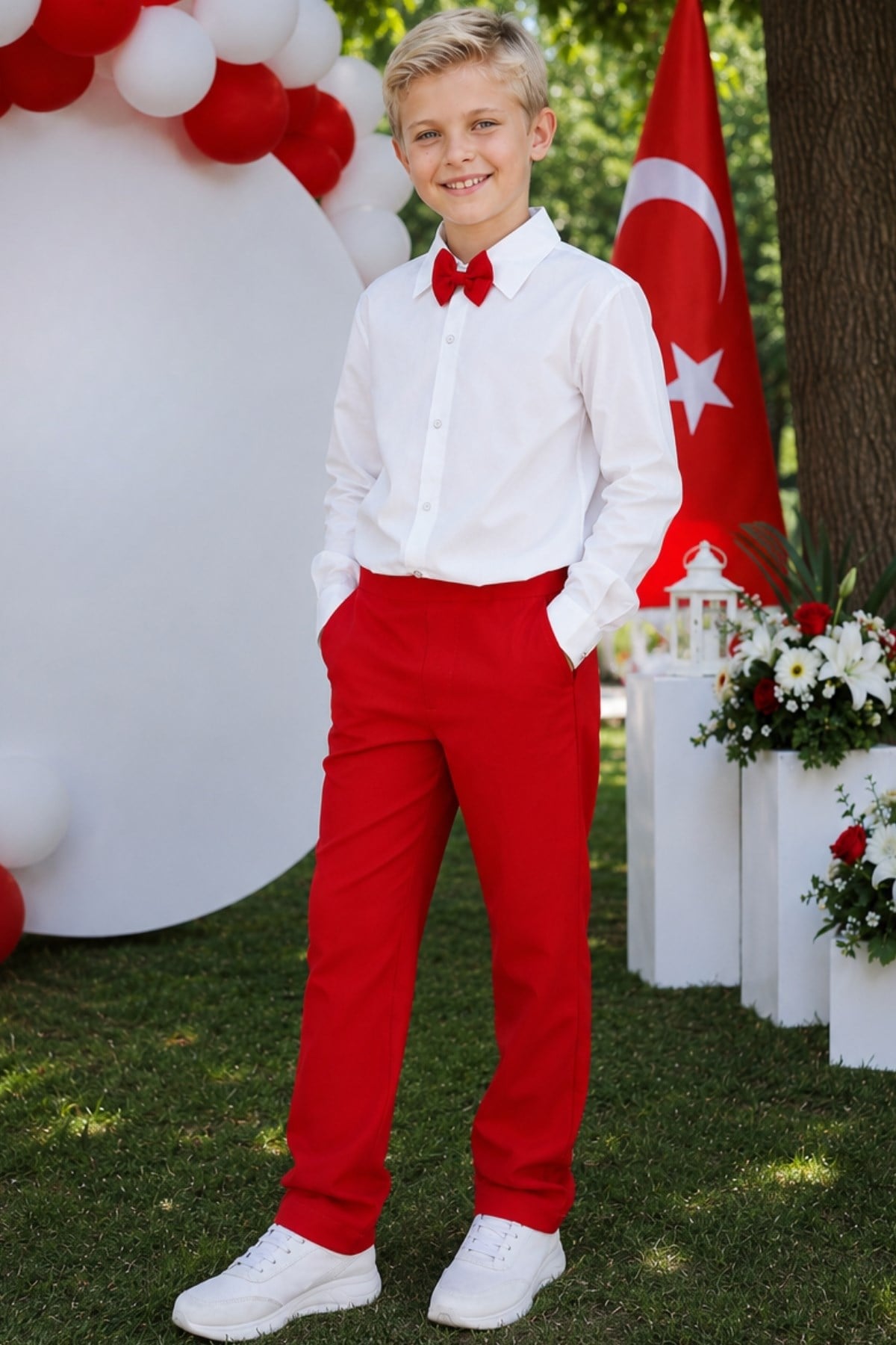 Parla Kids Erkek Çocuk Milano Beyaz Gömlek Kırmızı Pantolon Papyonlu Alt Üst Takım 23 Nisan Gösteri Kıyafeti,  – Parla Kids resmi ürün görseli
