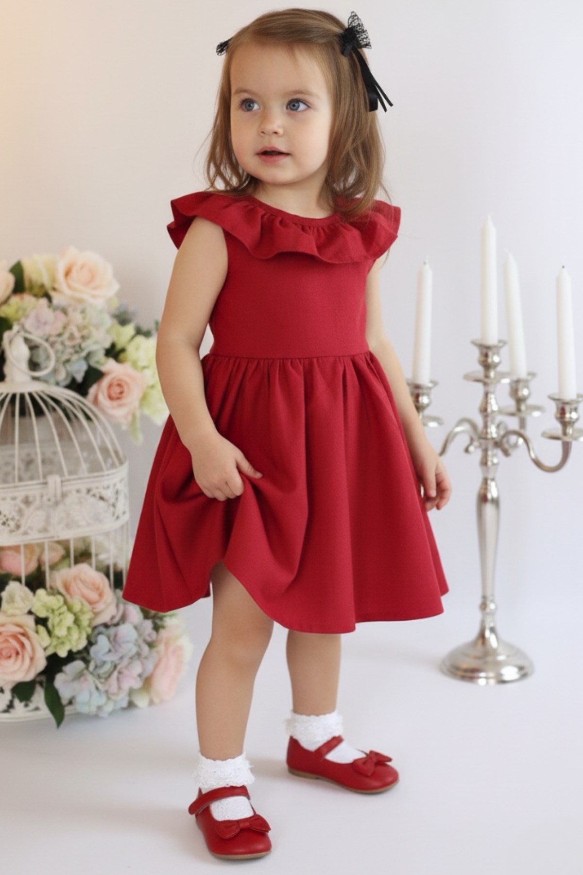 Parla Kids Kız Çocuk Bordo Cherry Fiyonklu Fırfırlı Elbise Toka Takım, İNDİRİM – Parla Kids resmi ürün görseli