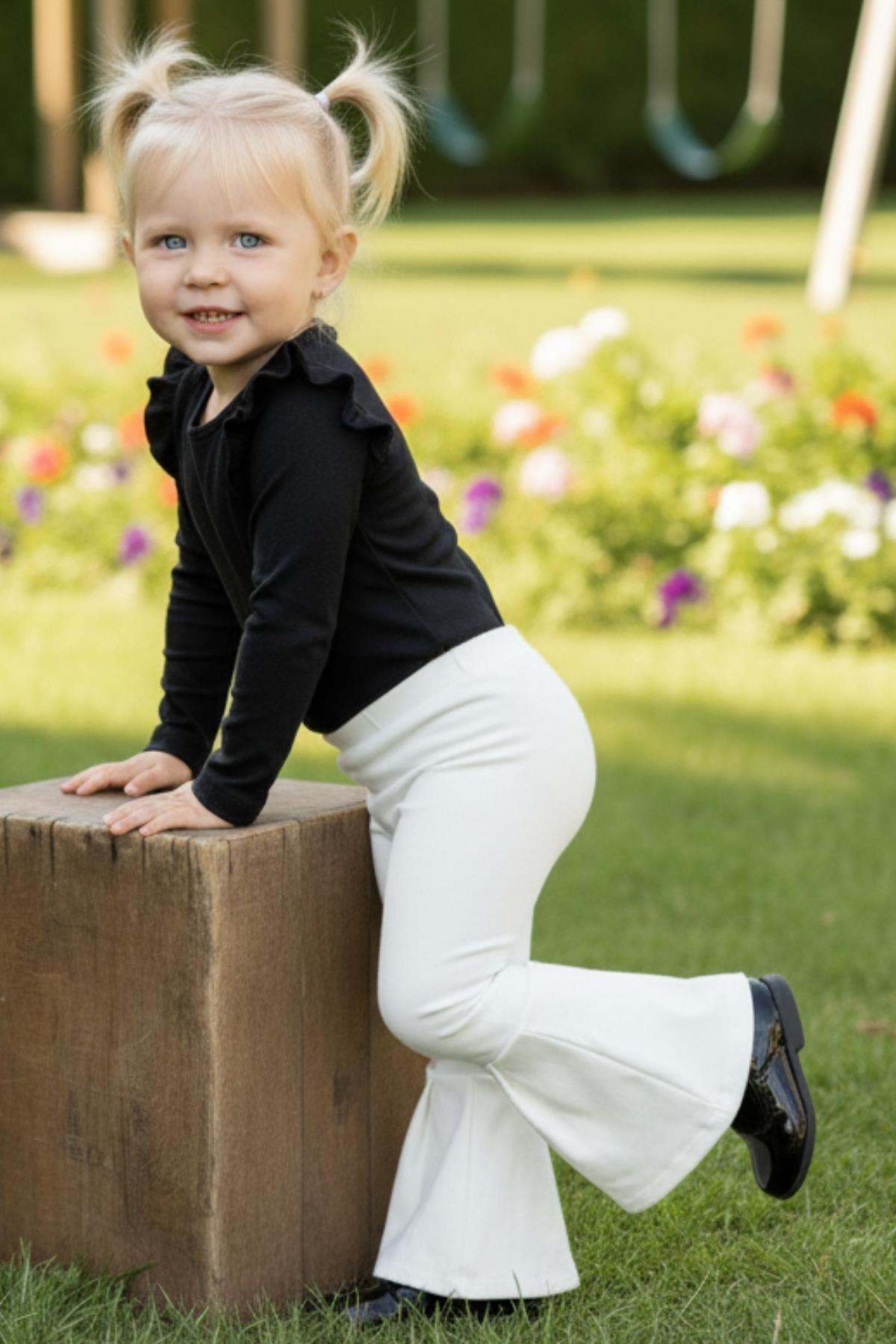 Parla Kids Kız Bebek Krem İspanyol Paça Yüksek Bel Lastikli Tayt Pantolon,  – Parla Kids resmi ürün görseli