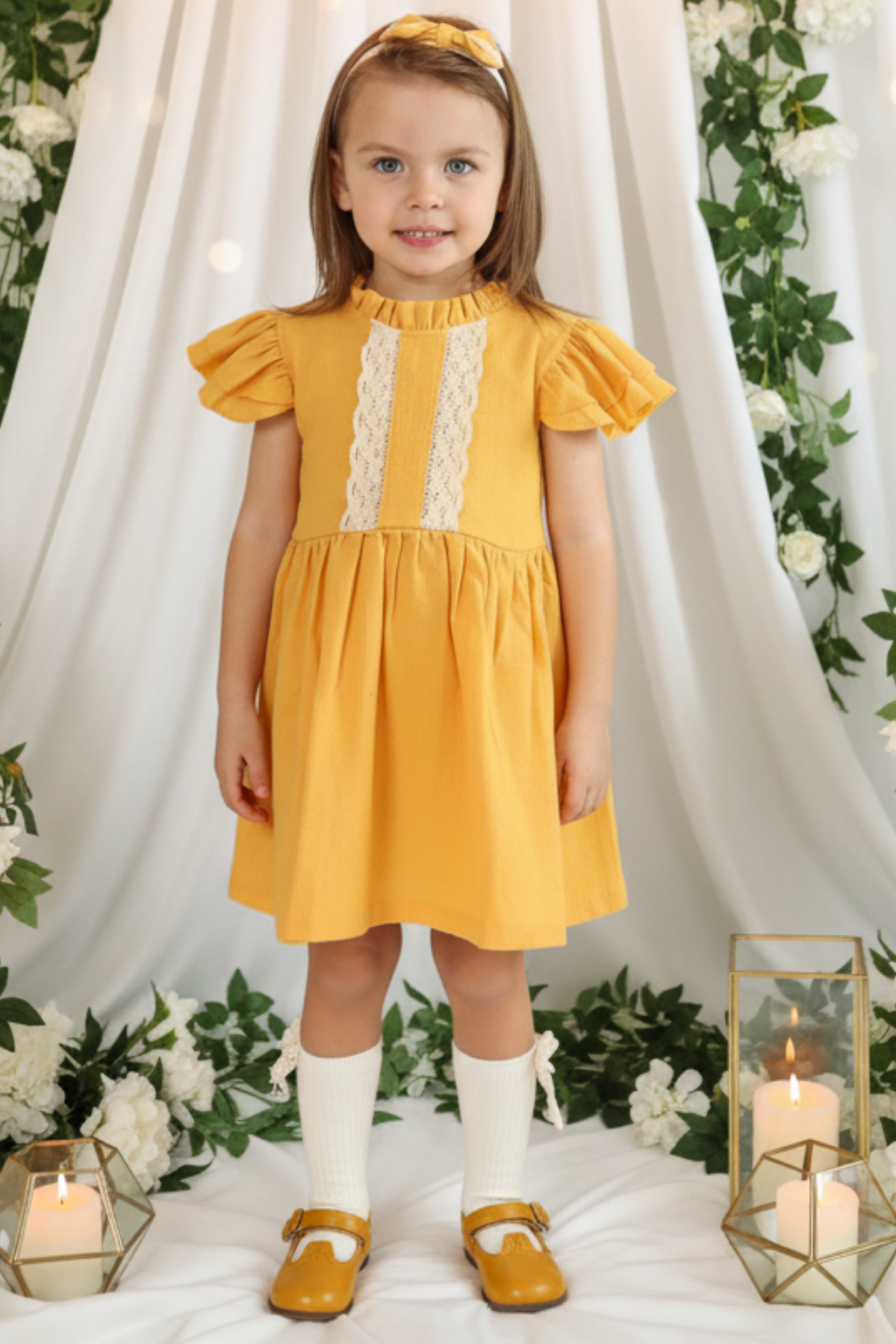 Parla Kids Kız Çocuk Dantel Detay Hardal Şile Bezi Elbise Bandana Takım,  – Parla Kids resmi ürün görseli