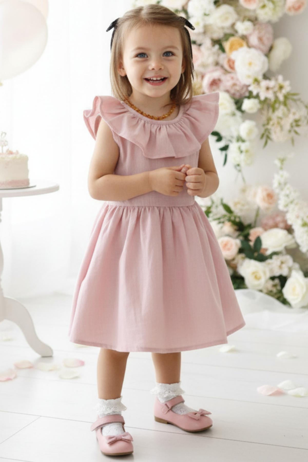 Parla Kids Kız Çocuk Bordo Cherry Fiyonklu Fırfırlı Elbise Toka Takım,  – Parla Kids resmi ürün görseli