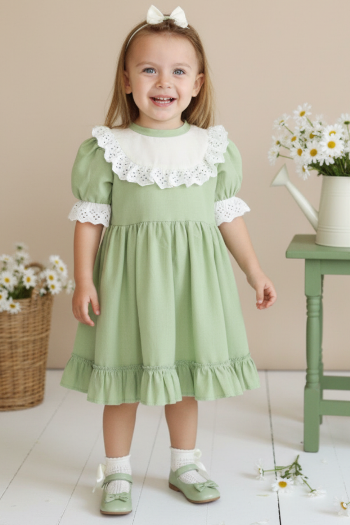 Parla Kids Kız Bebek Ruby Yeşil Fırfırlı Dantel Detaylı Kısa Kollu Elbise Bandana Takım ELB-0070.7,  – Parla Kids resmi ürün görseli