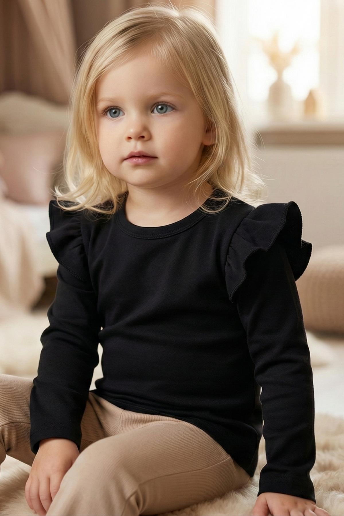 Parla Kids Kız Bebek Siyah Omuz Fırfırlı Bisiklet Yaka Body Sweatshirt,  – Parla Kids resmi ürün görseli