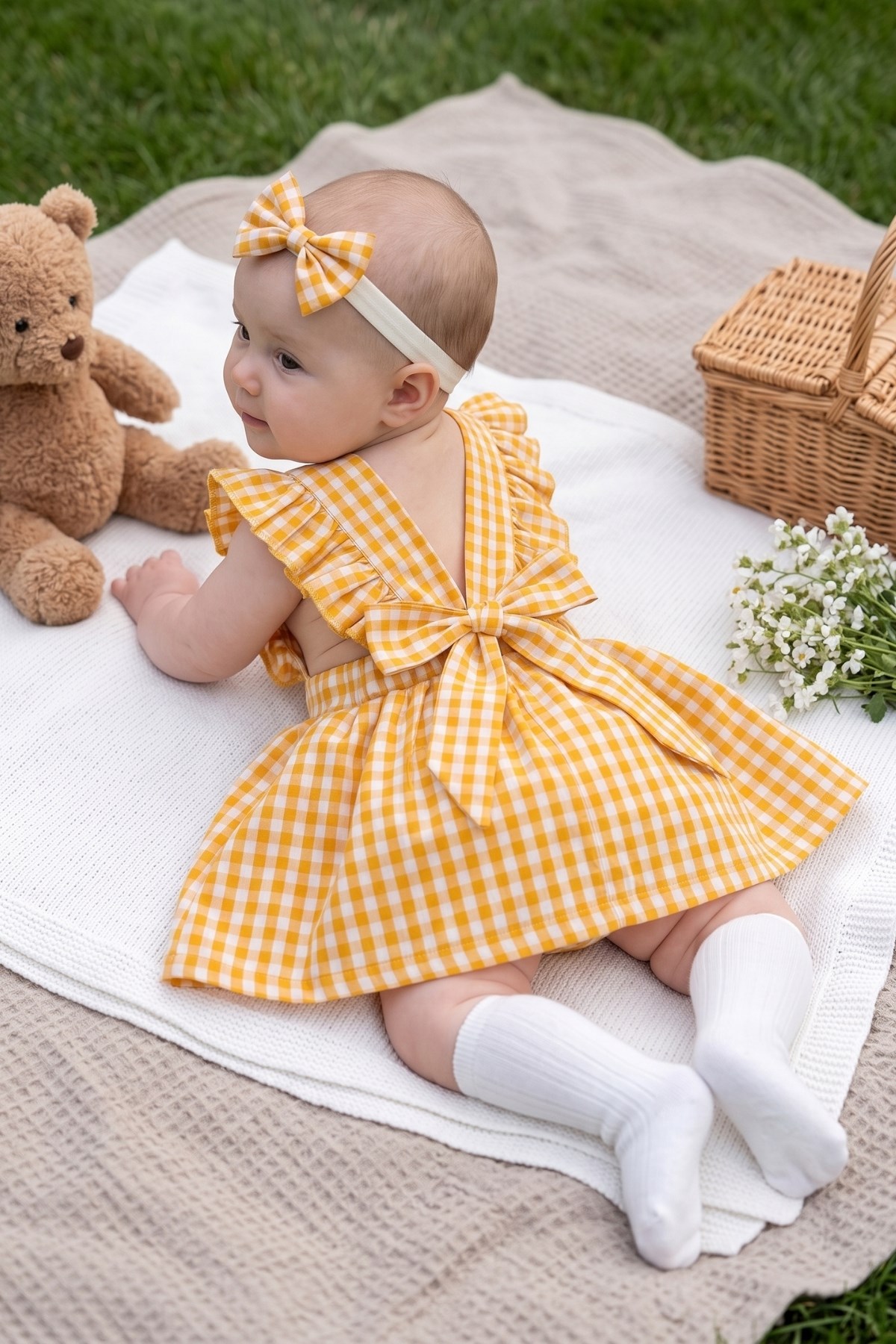 Parla Kids Kız Bebek Violetta Sarı Pötikareli Fırfırlı Bağlama Detaylı Elbise Bandana Takım, Elbise – Parla Kids resmi ürün görseli