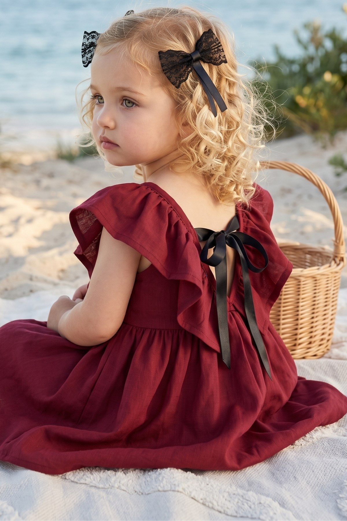Parla Kids Kız Çocuk Bordo Cherry Fiyonklu Fırfırlı Elbise Toka Takım, Elbise – Parla Kids resmi ürün görseli