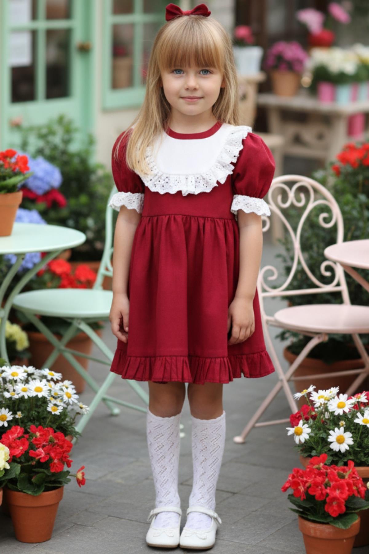 Parla Kids Kız Çocuk Bordo Ruby Fırfırlı Dantel Detaylı Kısa Kollu Elbise Bandana Takım ELB-0070.6, Elbise – Parla Kids resmi ürün görseli