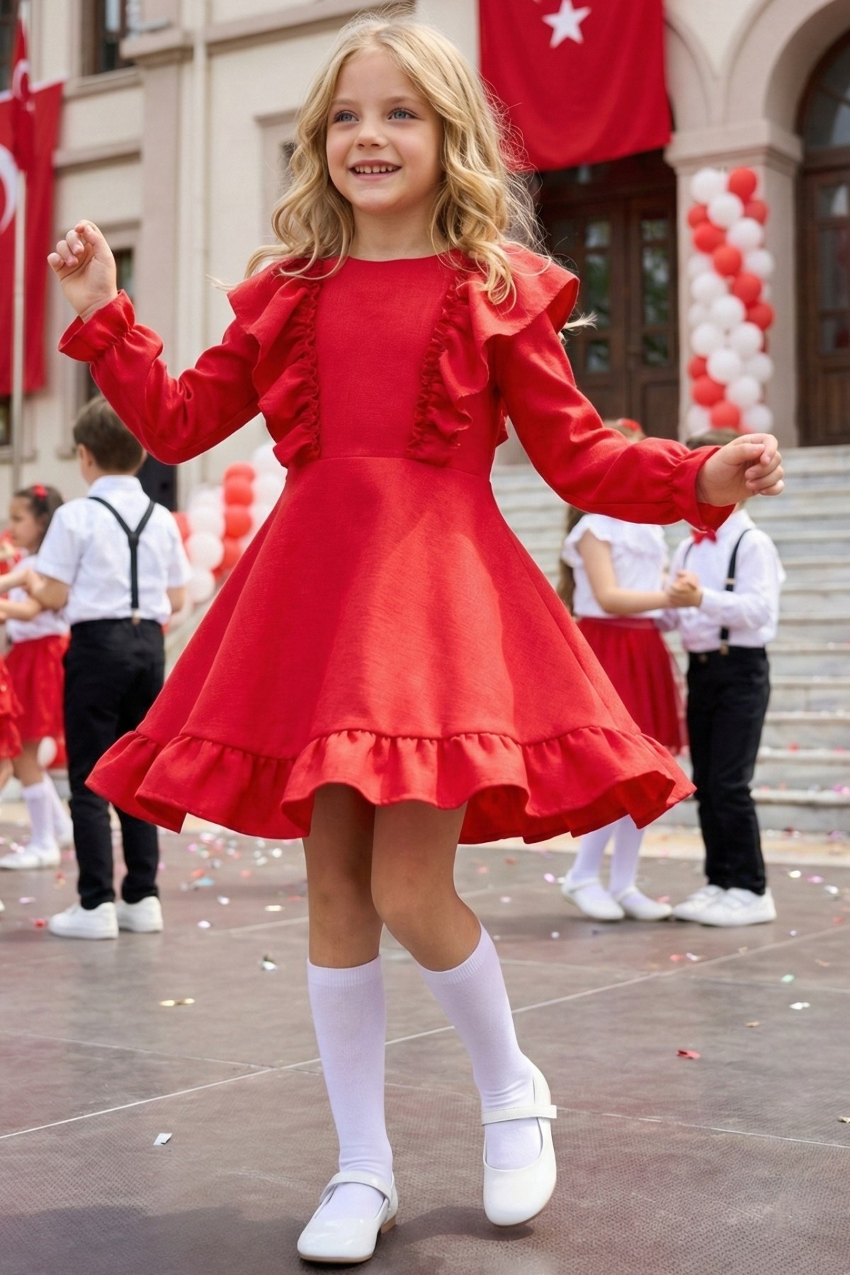 Parla Kids Kız Çocuk Catherine Kırmızı Fiyonklu Fırfırlı Uzun Kol Keten Elbise, Elbise – Parla Kids resmi ürün görseli