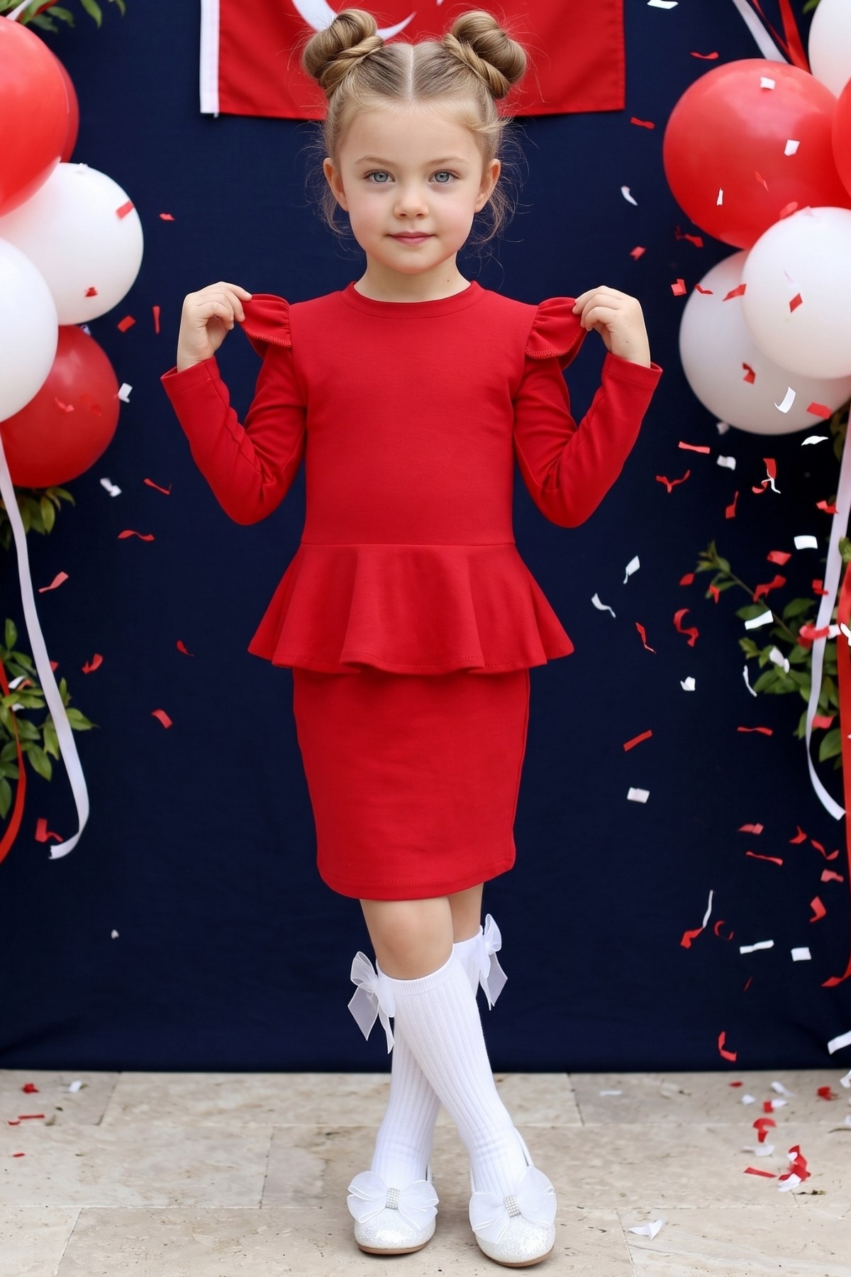 Parla Kids Kız Çocuk Diana Kırmızı Volan Etekli Fırfır Detaylı Uzun Kollu Elbise, Elbise – Parla Kids resmi ürün görseli