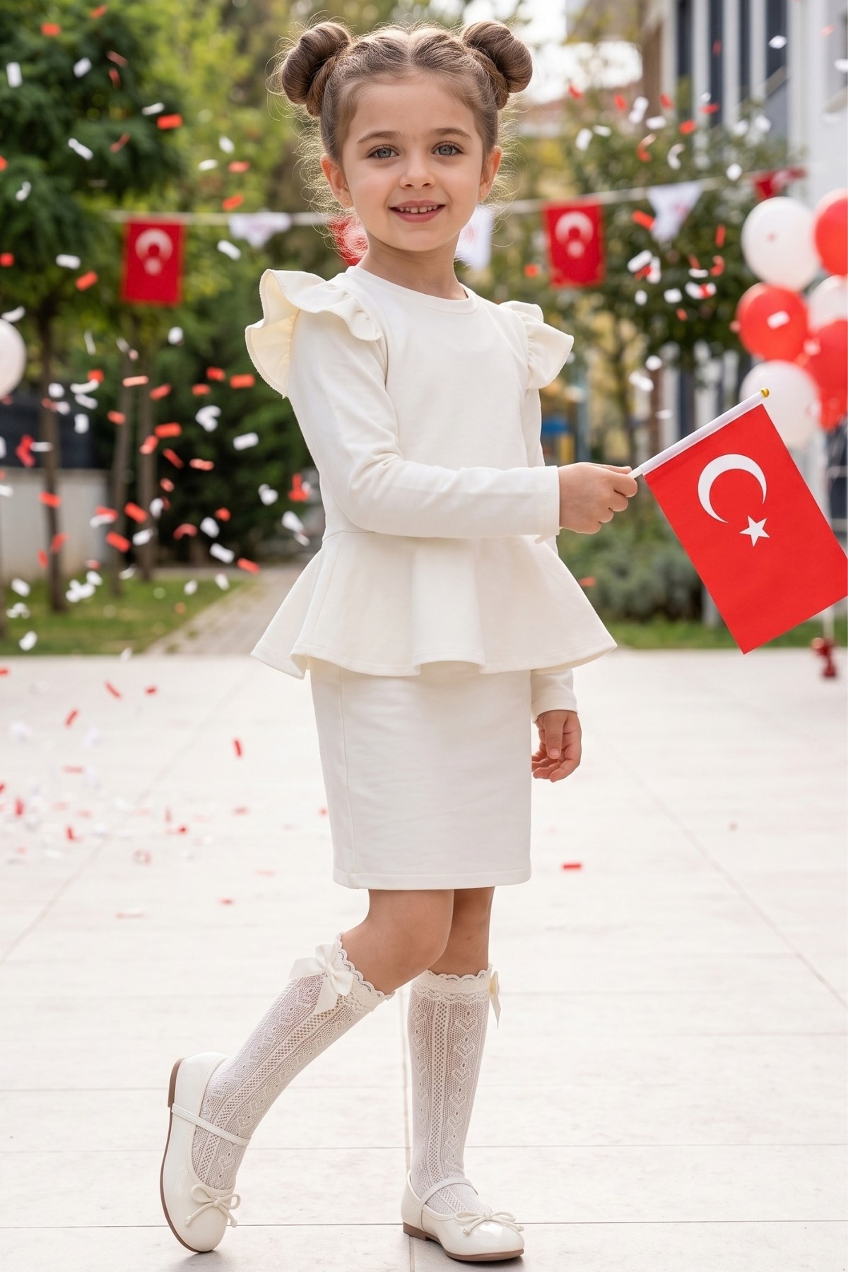 Parla Kids Kız Çocuk Diana Krem Renkli Volan Etekli Fırfır Detaylı Uzun Kollu Elbise, Elbise – Parla Kids resmi ürün görseli