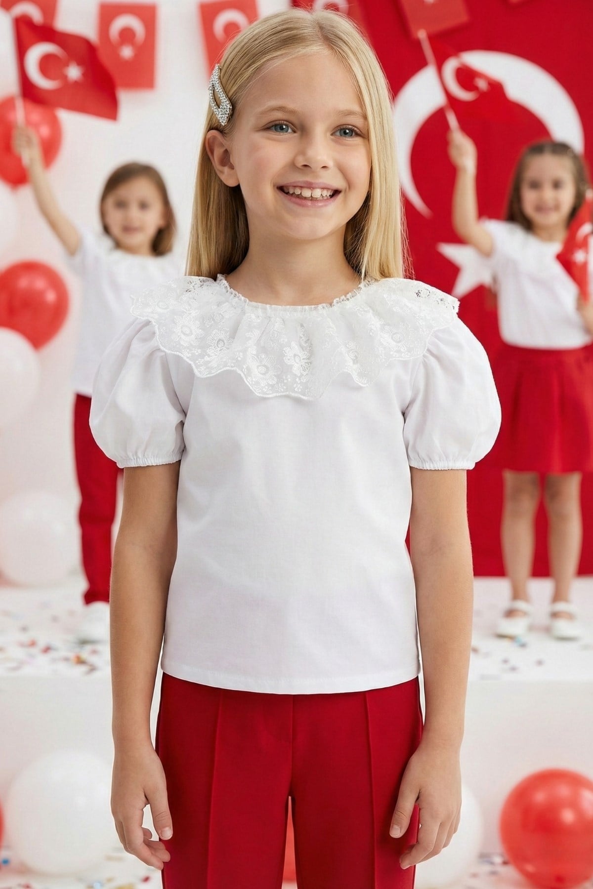 Parla Kids Kız Çocuk Ekru Bisiklet Yaka Dantelli Kısa Kol 23 Nisan Abiye Bluz Gömlek, Üst Giyim – Parla Kids resmi ürün görseli