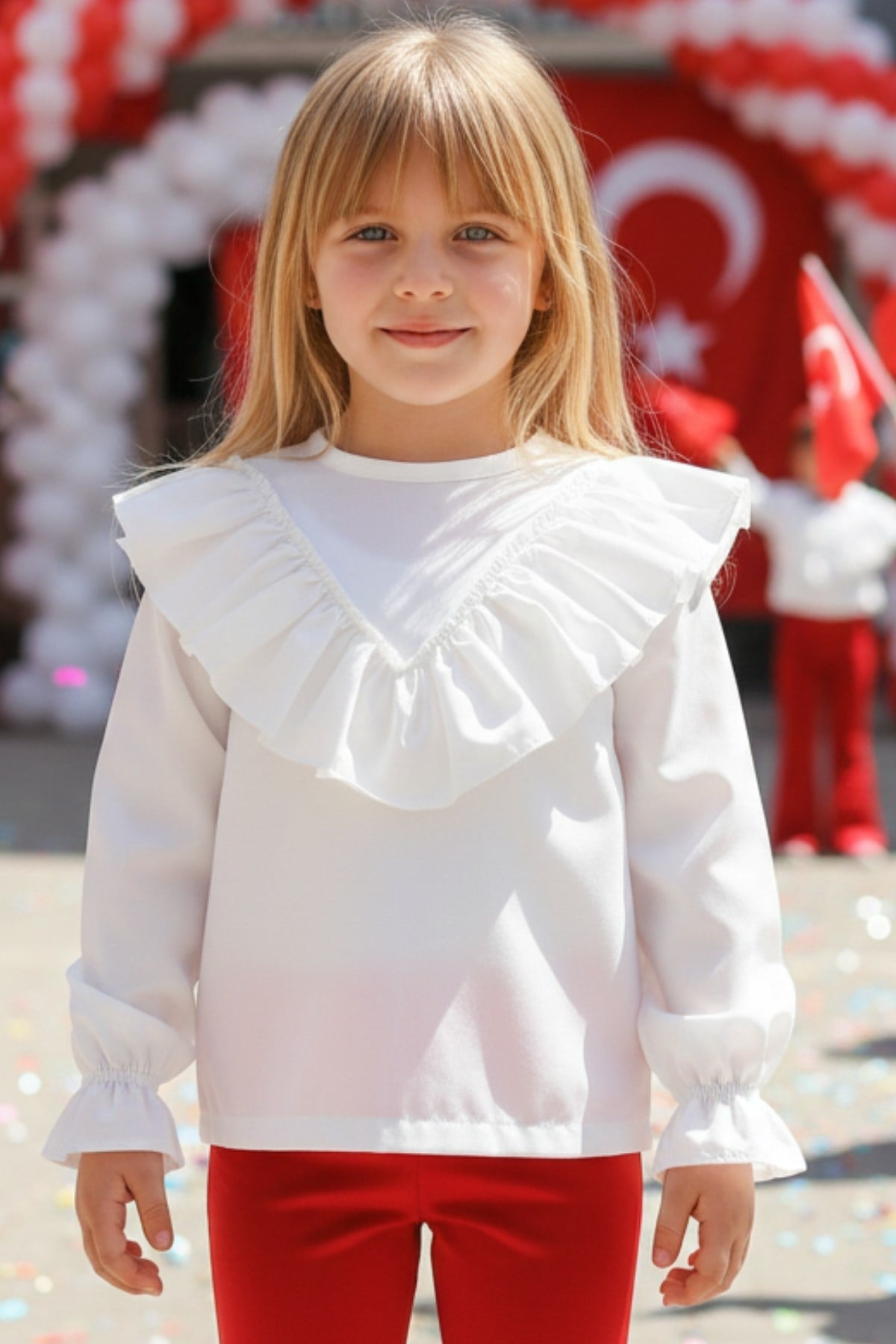 Parla Kids Kız Çocuk Ekru V Fırfırlı Uzun Kollu Bluz Gömlek Body , Üst Giyim – Parla Kids resmi ürün görseli