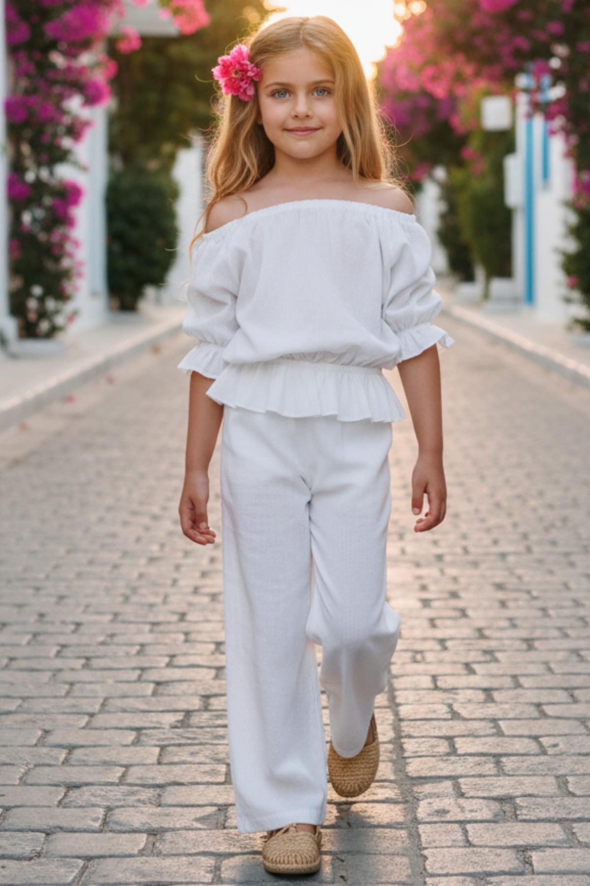 Parla Kids Kız Çocuk Beyaz Şile Bezi Pantolon Takım, Takımlar – Parla Kids resmi ürün görseli