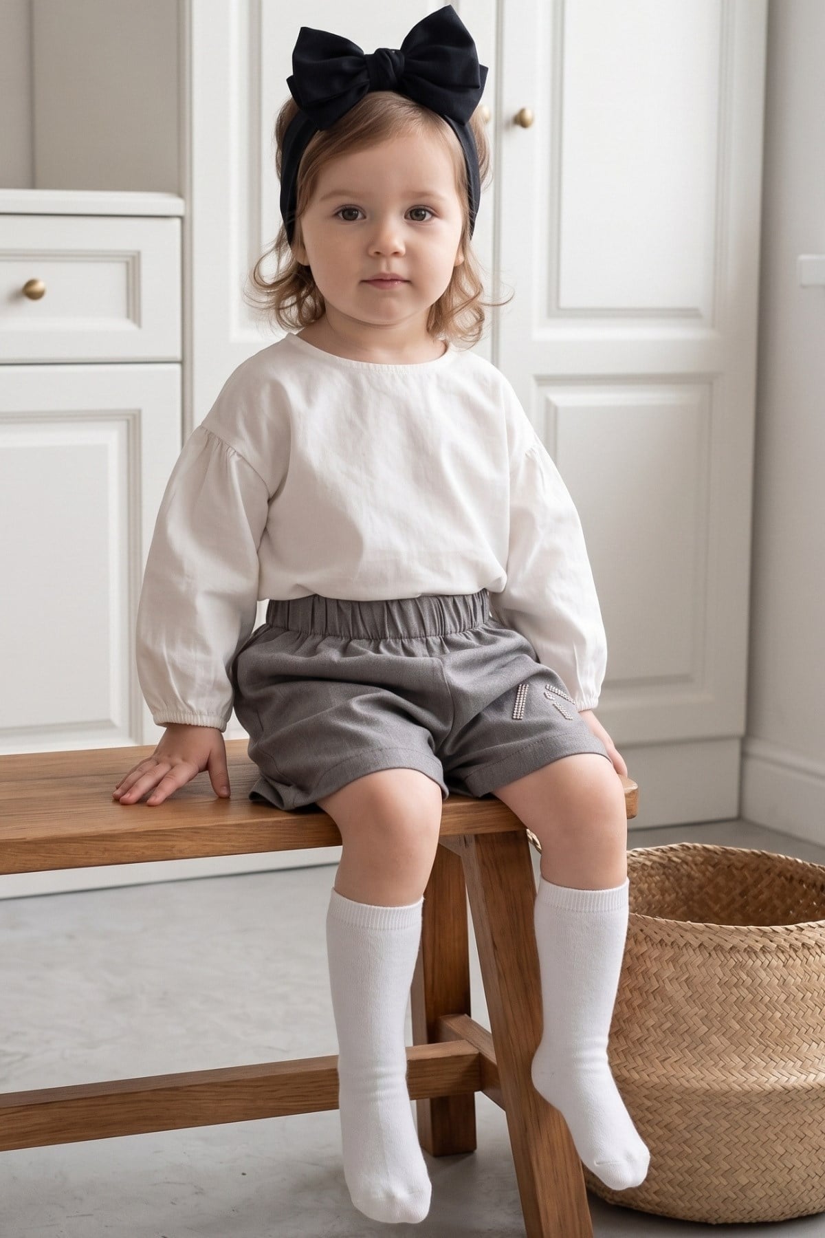 Parla Kids Kız Çocuk Gri Jean Şort Dev Fiyonk Bandana Takım,  – Parla Kids resmi ürün görseli