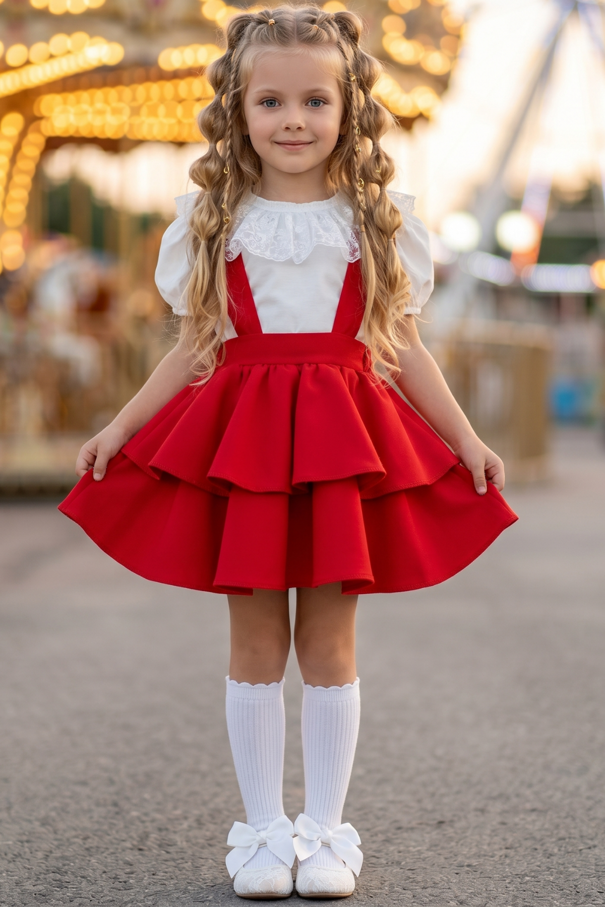 Parla Kids Kız Çocuk Helen Kırmızı Askılı Bağlama Jile 29 Ekim Elbise Ekru Dantel Kısa Kollu Bluz Abiye Takım, Elbise – Parla Kids resmi ürün görseli