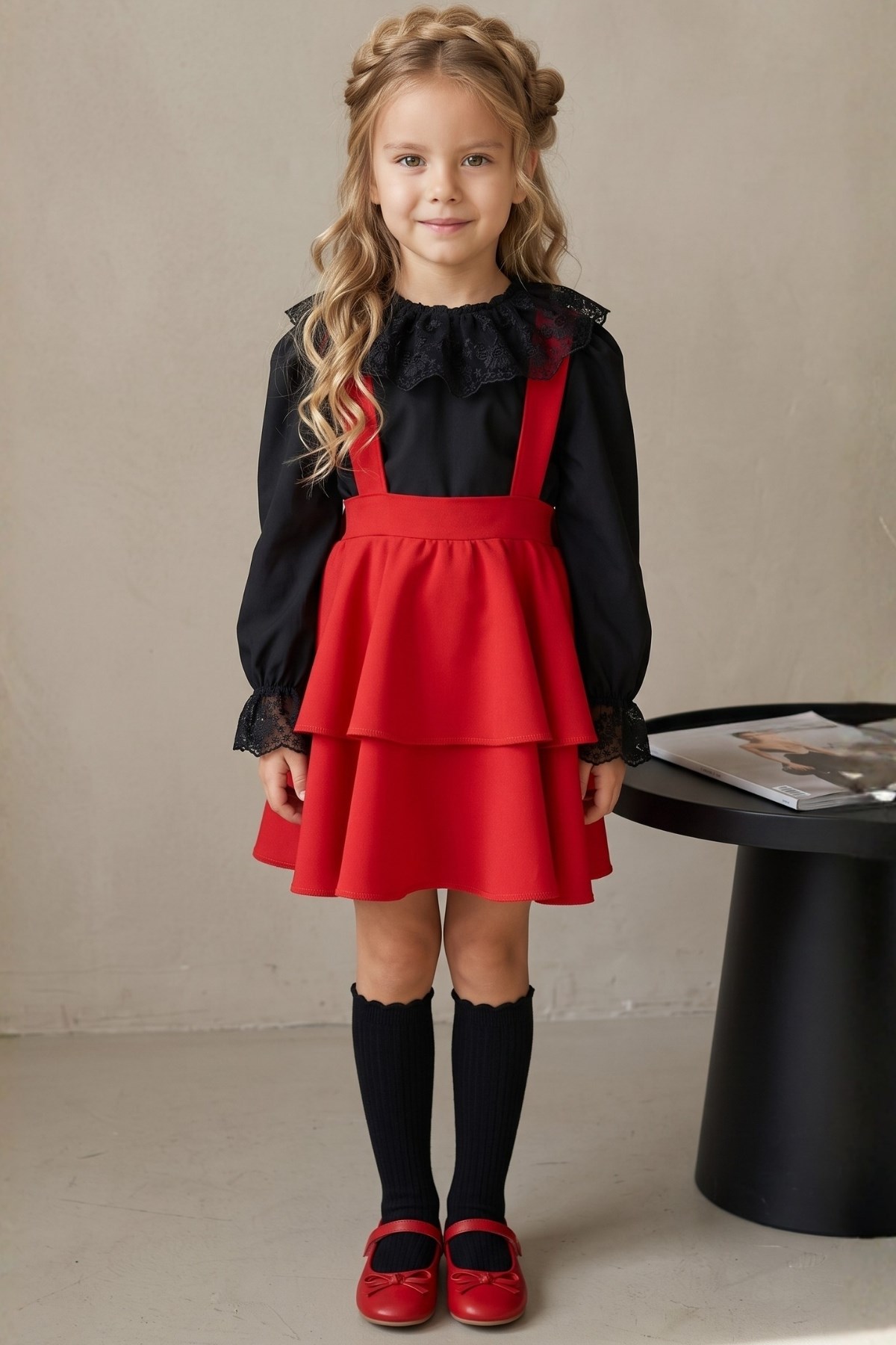 Parla Kids Kız Çocuk Helen Kırmızı Askılı Bağlama Jile 29 Ekim Elbise Siyah Dantel Uzun Kollu Bluz Abiye Takım, Elbise – Parla Kids resmi ürün görseli