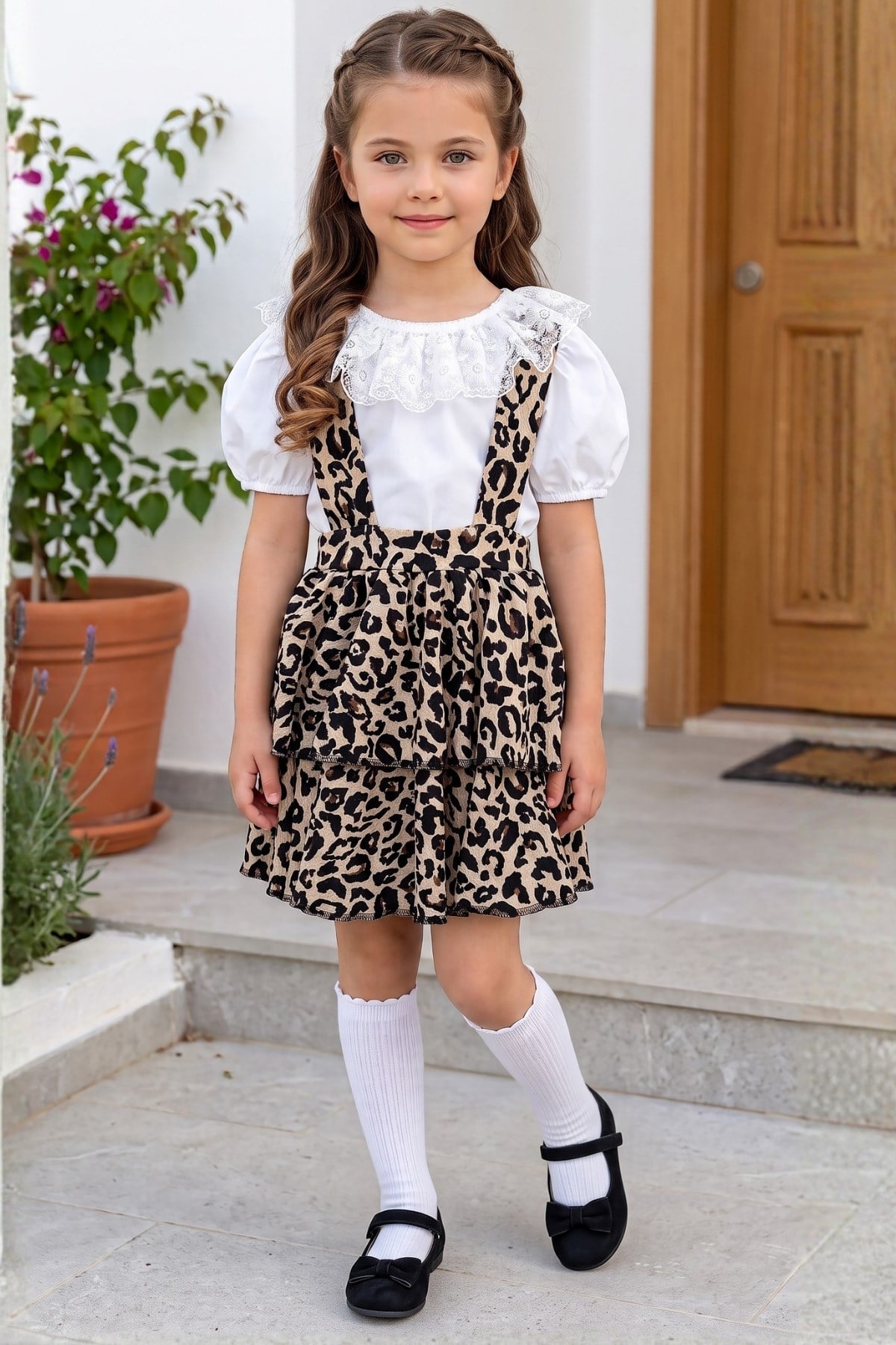 Parla Kids Kız Çocuk Helen Leopar Askılı Bağlama Jile 29 Ekim Elbise Ekru Dantel Kısa Kollu Bluz Abiye Takım, Elbise – Parla Kids resmi ürün görseli