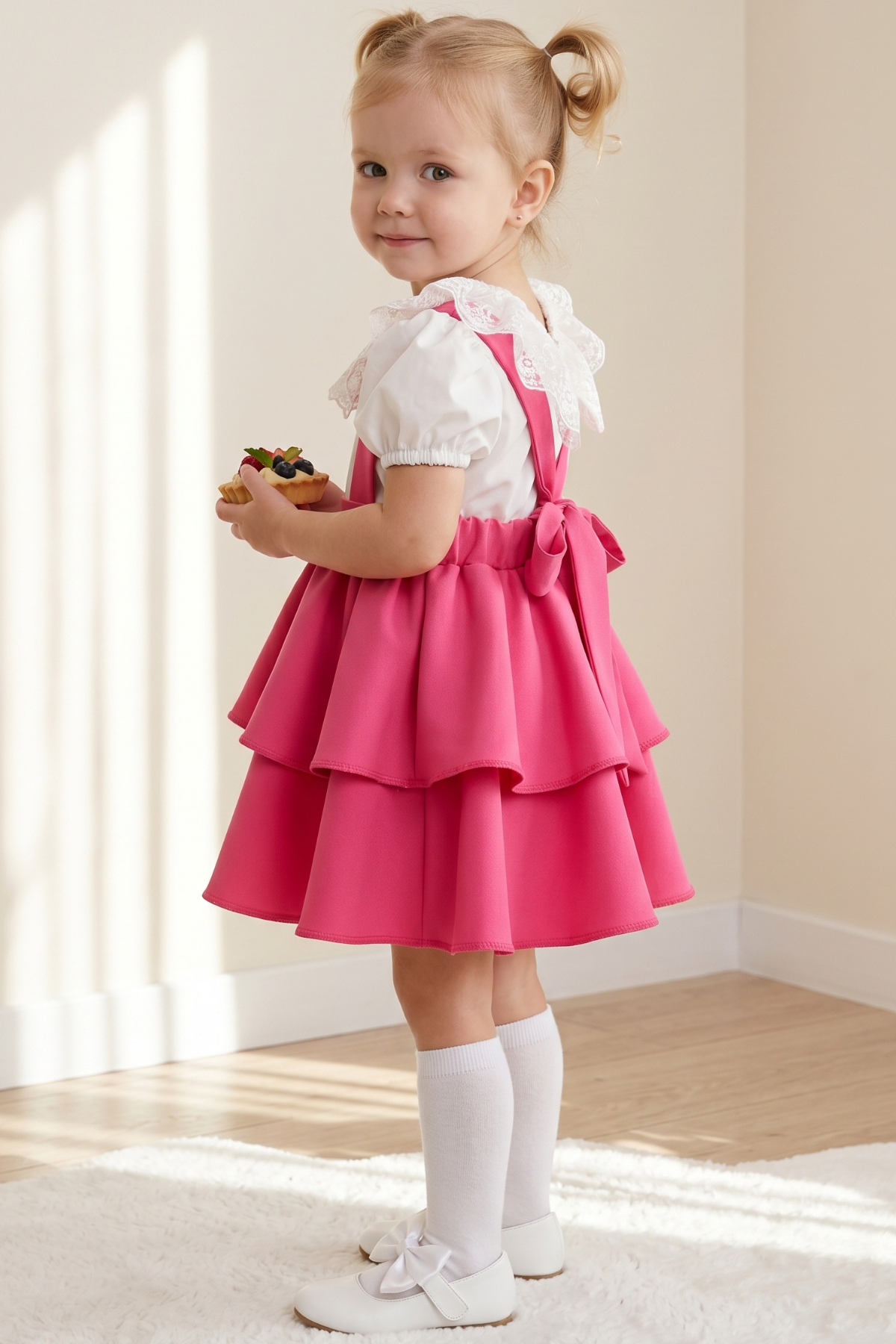 Parla Kids Kız Çocuk Helen Pembe Askılı Kat Kat Bağlama Jile Elbise Dantel Detay Ekru Kısa Kollu Bluz Takım, Elbise – Parla Kids resmi ürün görseli