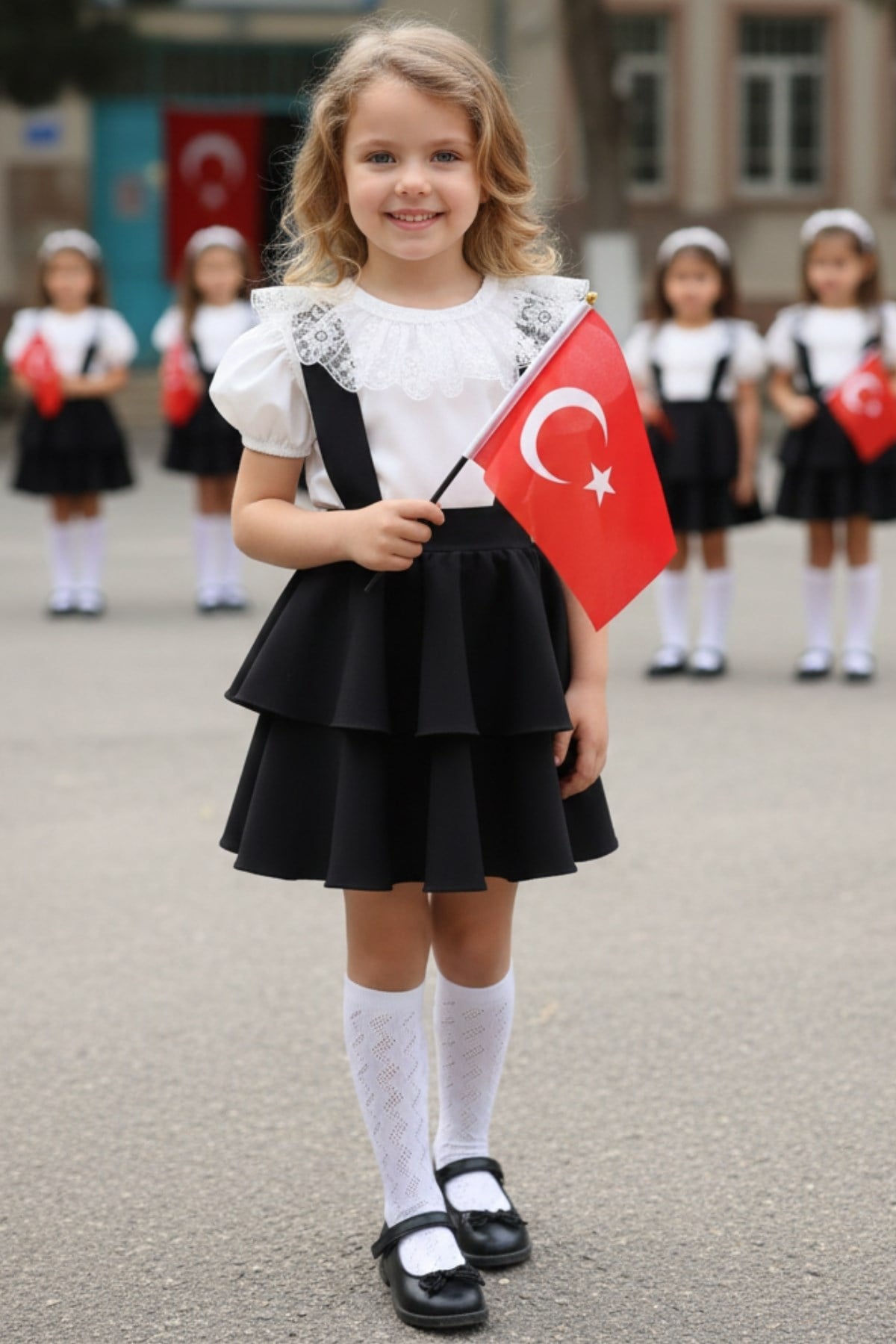 Parla Kids Kız Çocuk Helen Siyah Askılı Bağlama Jile 29 Ekim Elbise Ekru Dantel Kısa Kollu Bluz Abiye Takım, Elbise – Parla Kids resmi ürün görseli