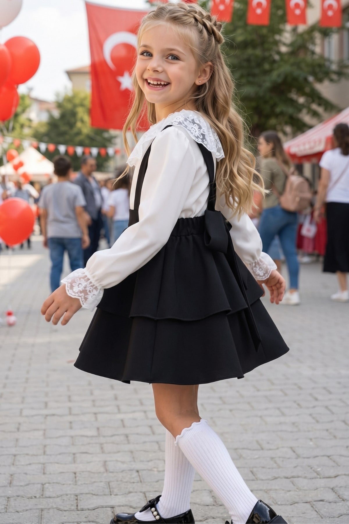 Parla Kids Kız Çocuk Helen Siyah Elbise Jile Dantel Bluz 23 Nisan 29 Ekim Gösteri Kıyafeti Uzun Kollu, Elbise – Parla Kids resmi ürün görseli