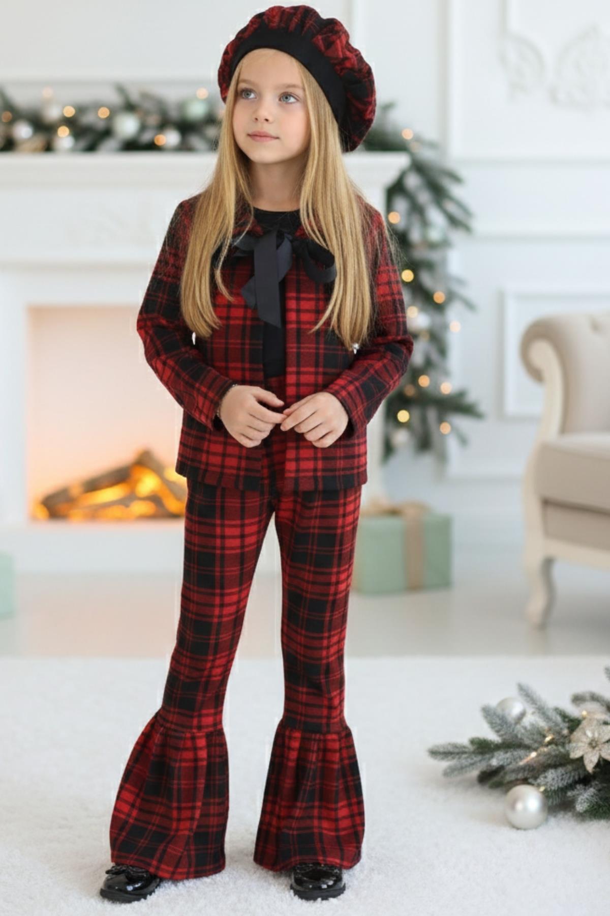 Parla Kids Kız Çocuk Kırmızı Lizbon Jakarlı Ekose Ceket Pantolon Kep Alt Üst Yılbaşı Takım, Takımlar – Parla Kids resmi ürün görseli