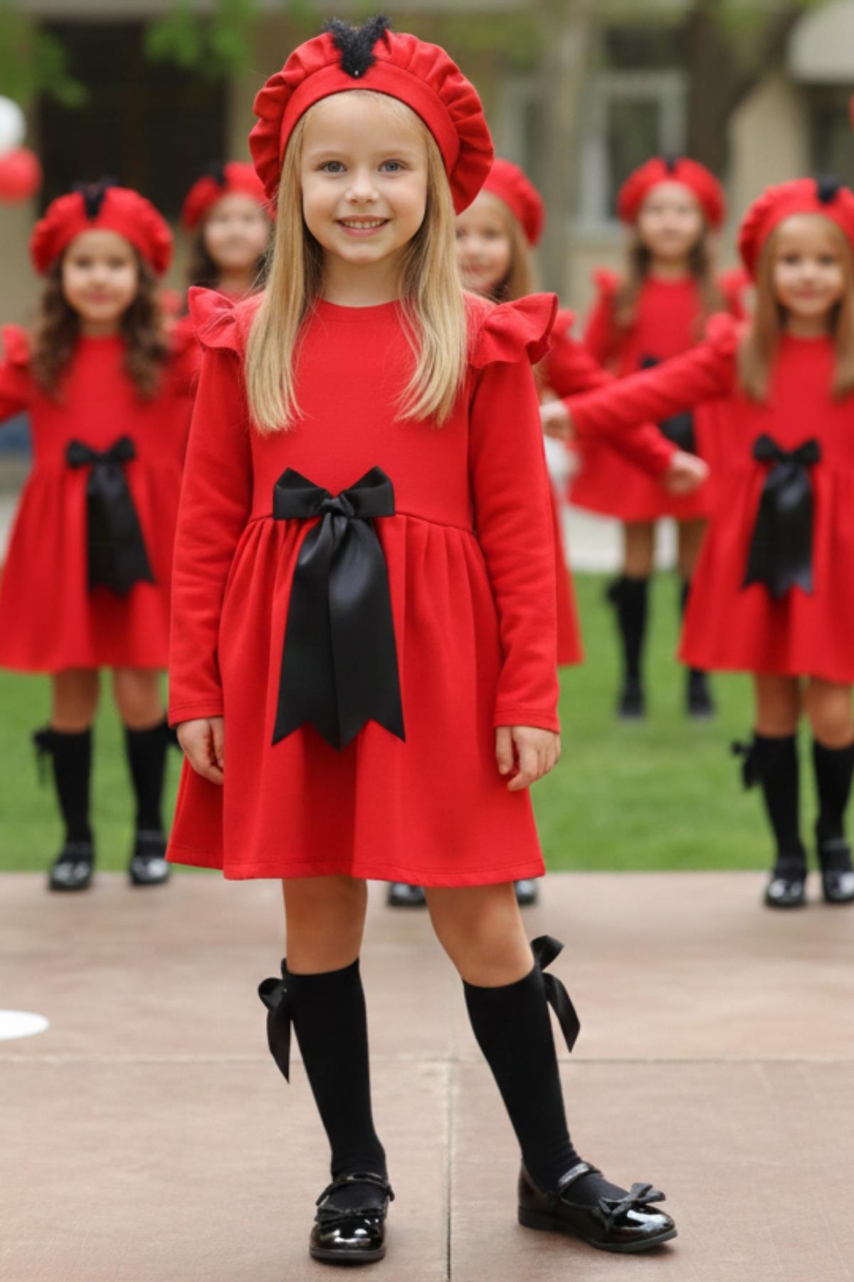 Parla Kids Kız Çocuk Kırmızı Sofia Pamuklu Fiyonk Detaylı Elbise Kep Abiye Takım, Elbise – Parla Kids resmi ürün görseli