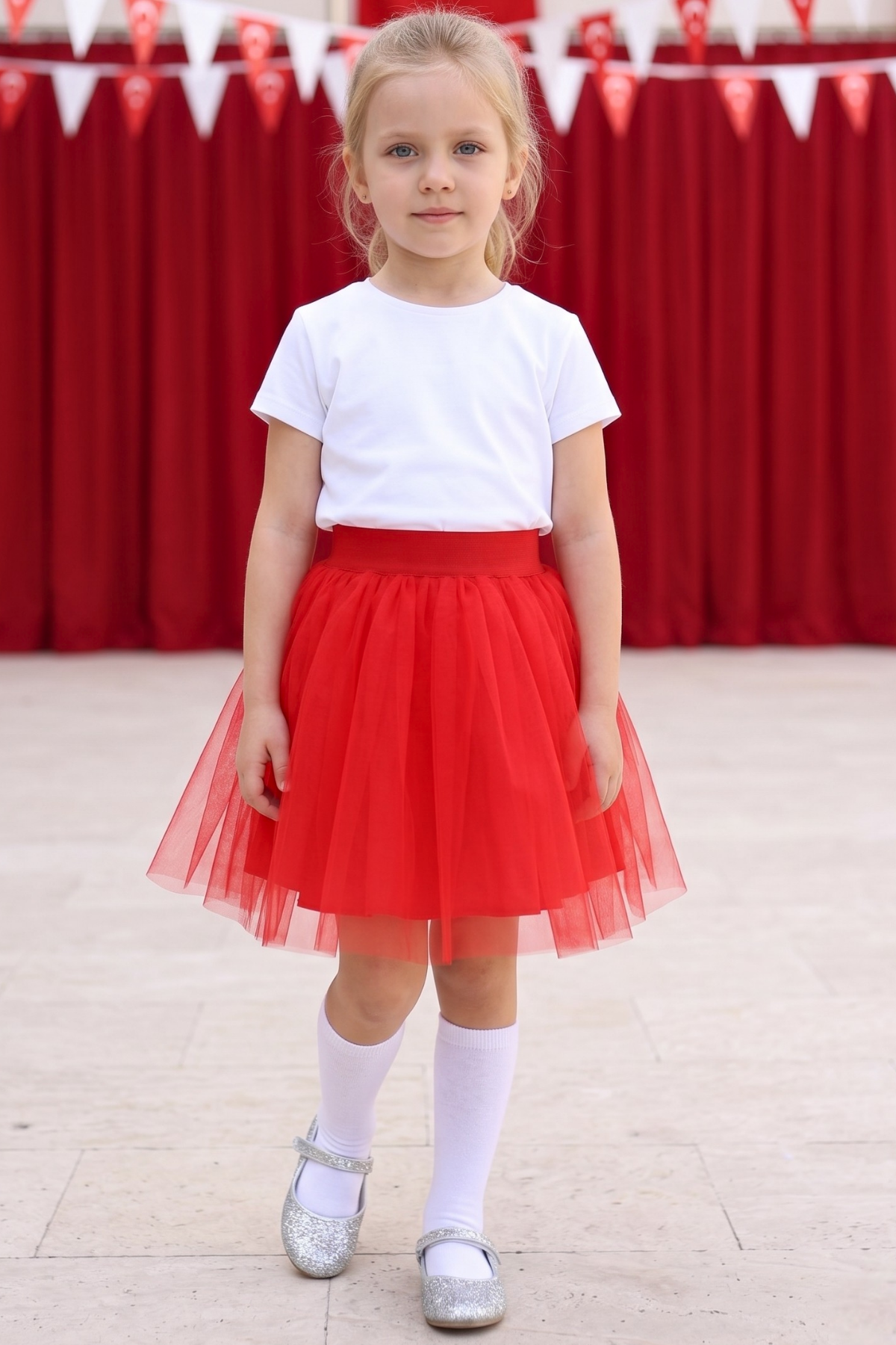 Parla Kids Kız Çocuk Kırmızı Tüllü Tütü Etek 23 Nisan 29 Ekim 10 Kasım Gösteri Kıyafeti Kostüm, Tayt/Pantolon – Parla Kids resmi ürün görseli