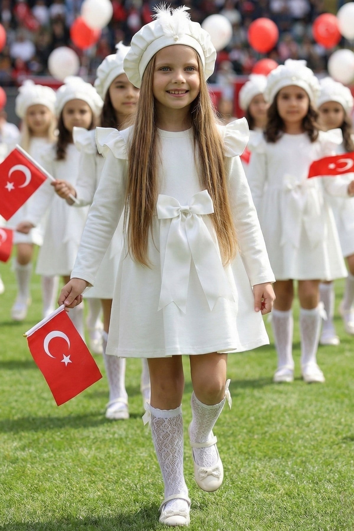 Parla Kids Kız Çocuk Krem Sofia Pamuklu Fiyonk Detaylı Yılbaşı Elbise Kep Abiye Takım, Elbise – Parla Kids resmi ürün görseli