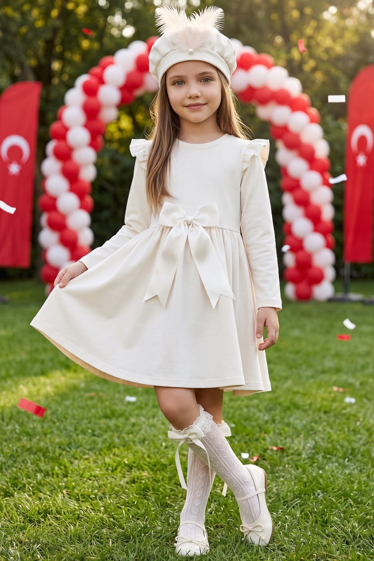 Parla Kids Kız Çocuk Krem Sofia Pamuklu Fiyonk Detaylı Yılbaşı Elbise Kep Abiye Takım, Elbise – Parla Kids resmi ürün görseli