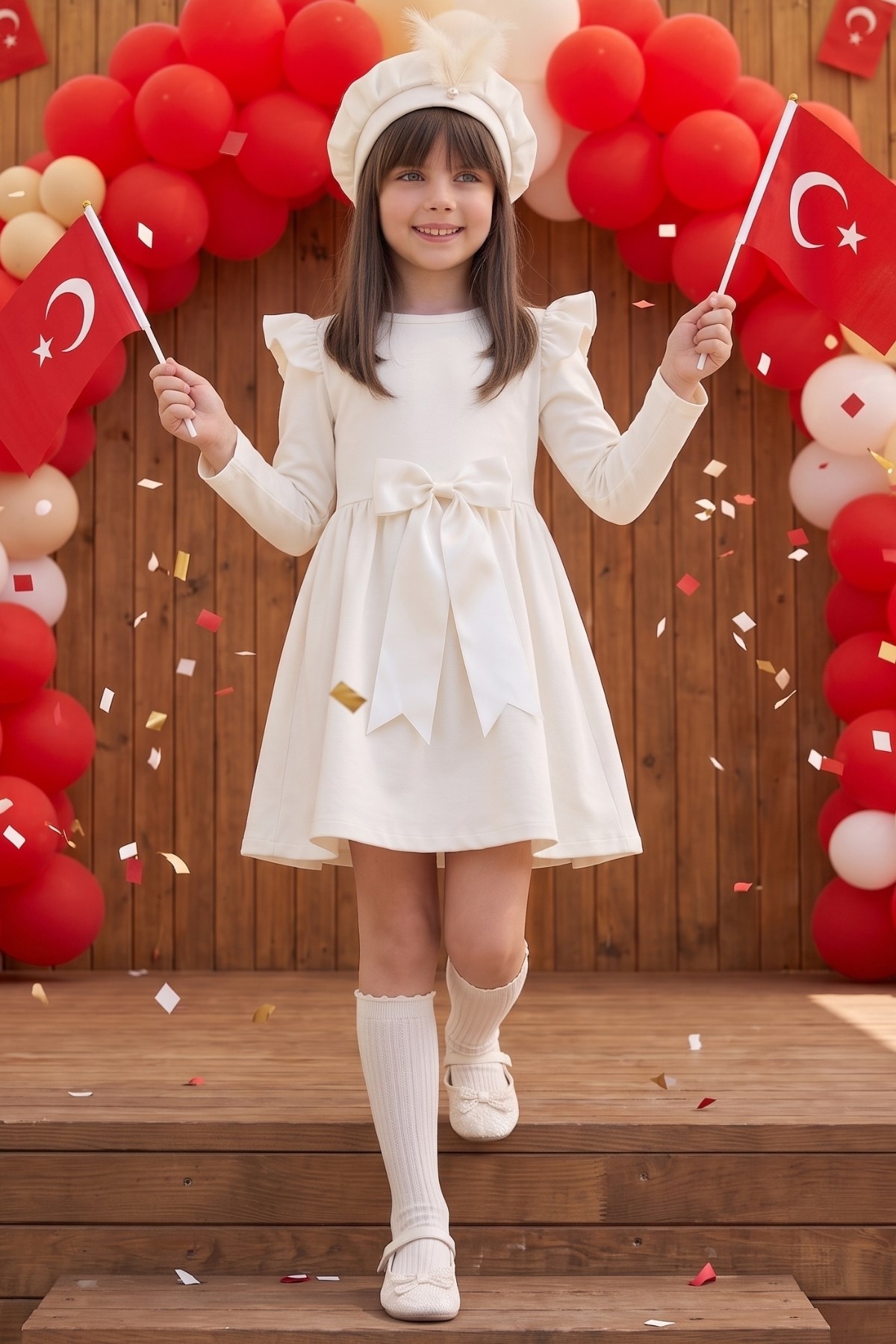 Parla Kids Kız Çocuk Krem Sofia Pamuklu Fiyonk Detaylı Yılbaşı Elbise Kep Abiye Takım, Elbise – Parla Kids resmi ürün görseli