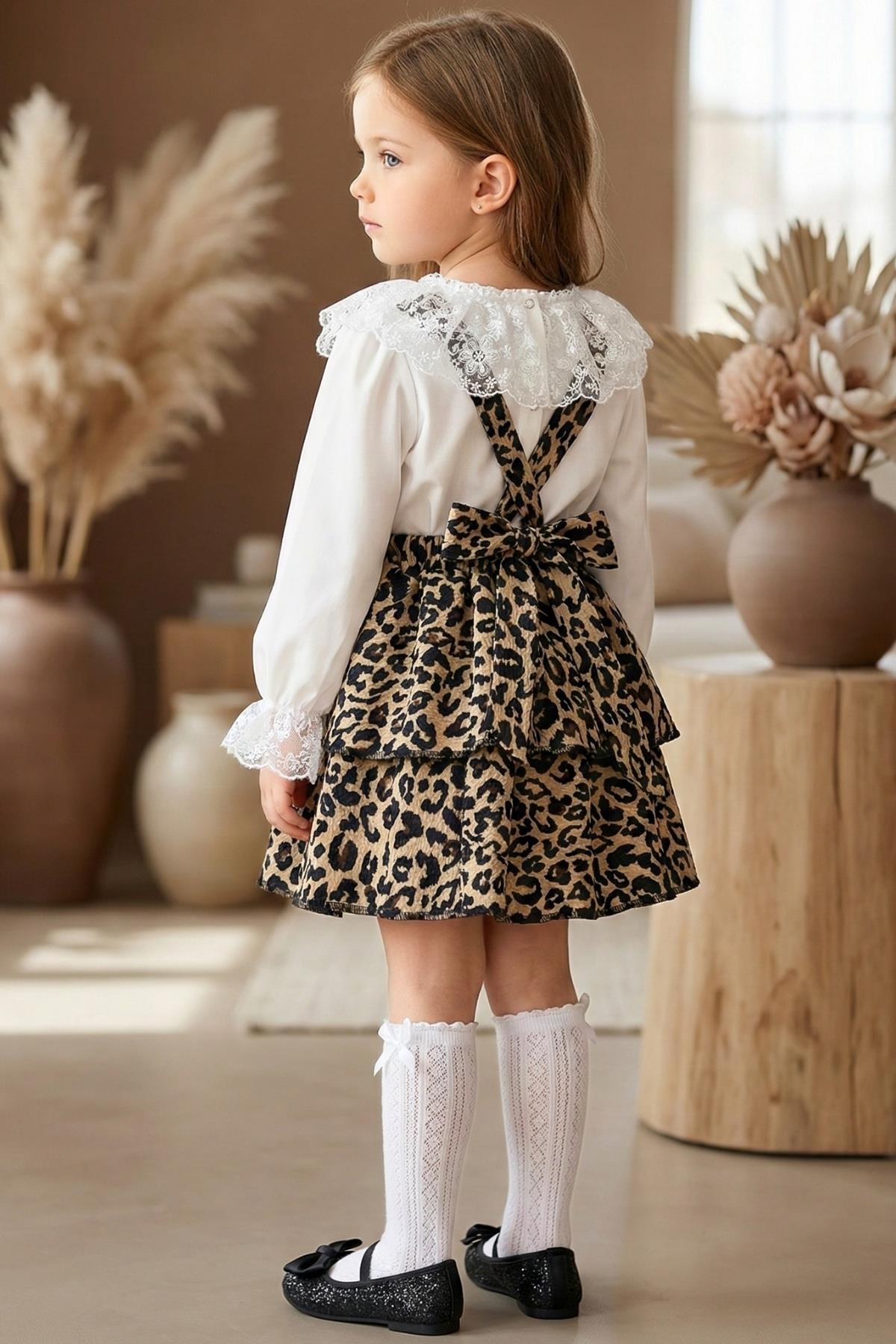 Parla Kids Kız Çocuk Leopar Elbise Helen Askılı Jile Dantelli Ekru Bluz Takım 23 Nisan 29 Ekim Gösteri Kıyafeti , Elbise – Parla Kids resmi ürün görseli