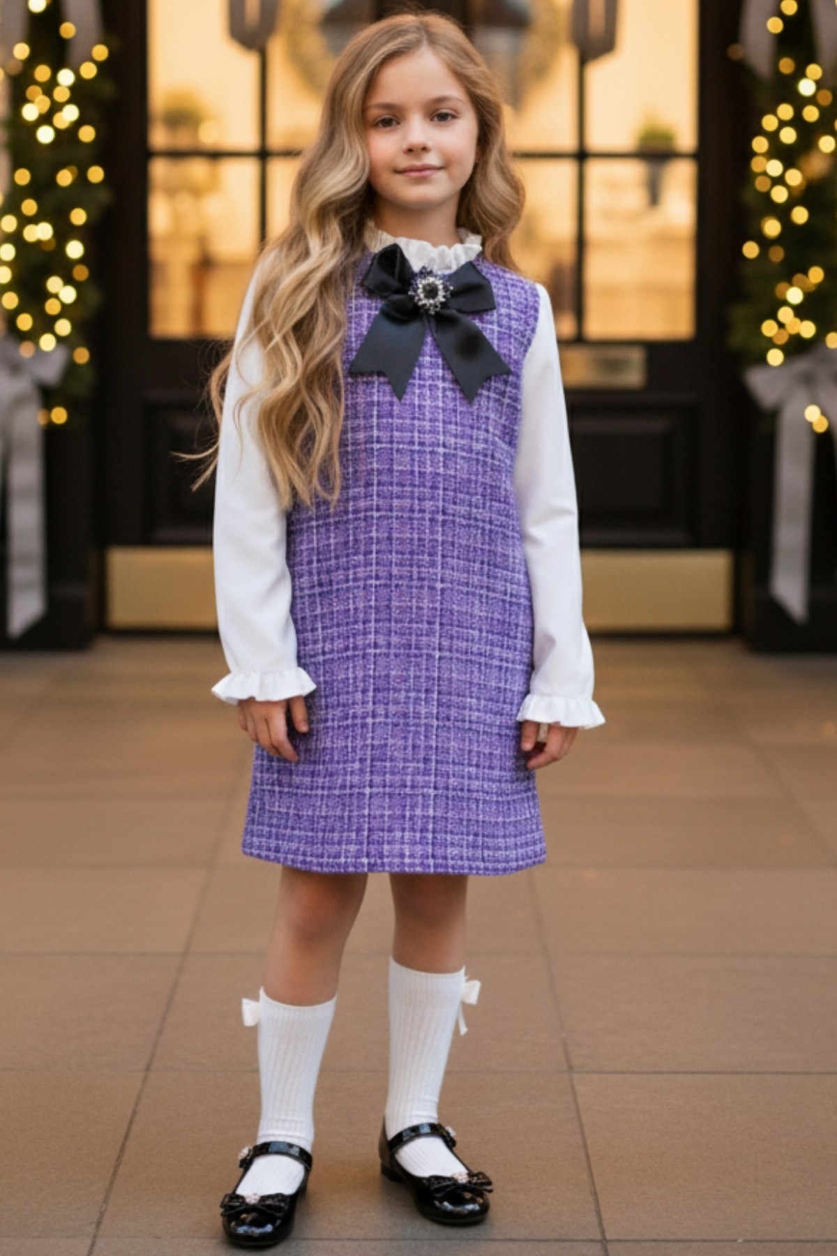 Parla Kids Kız Çocuk Lila Mor Vanessa Broş Detaylı Tüvit Uzun Kollu Yılbaşı Elbisesi, Elbise – Parla Kids resmi ürün görseli